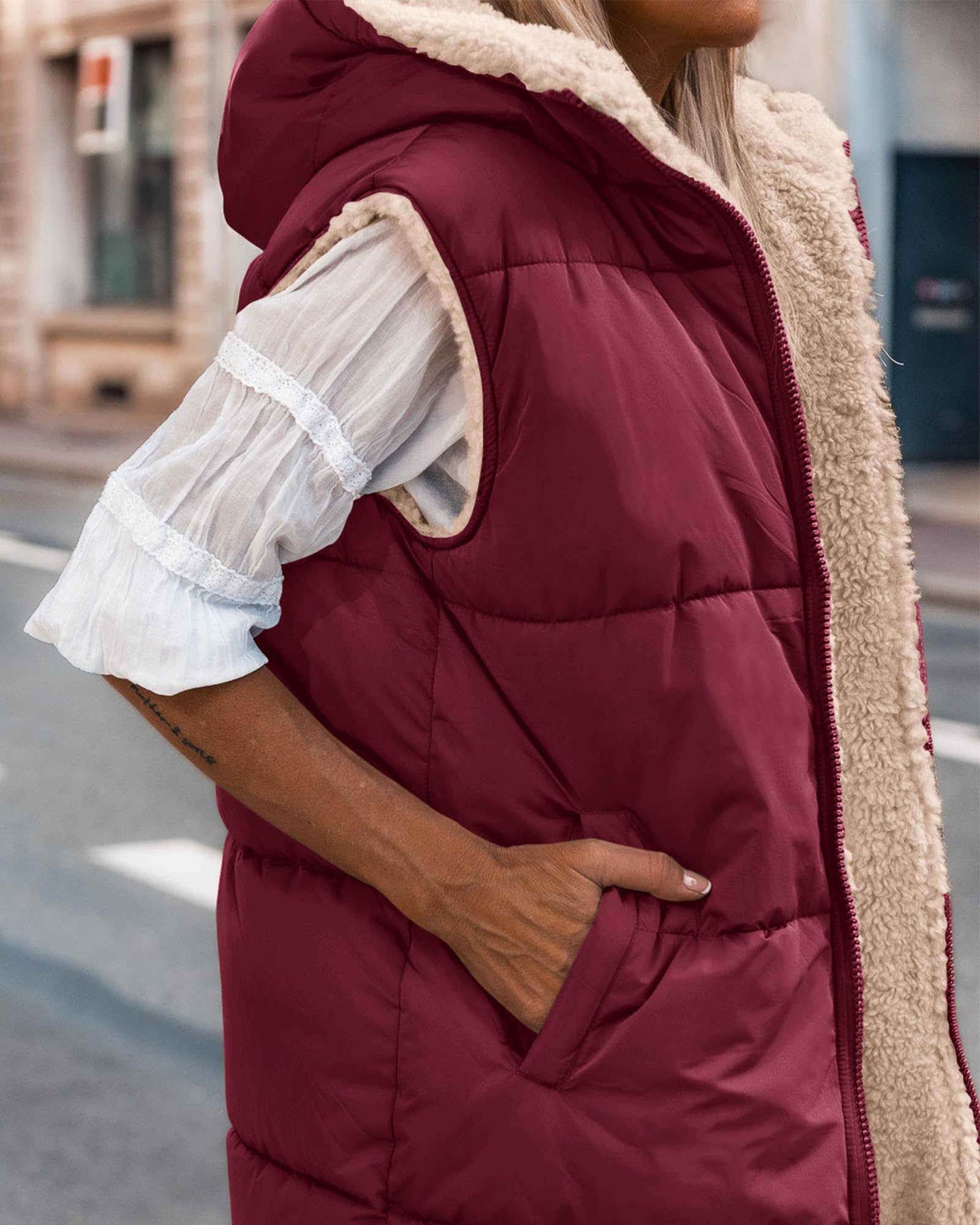 BTFBM Long Puffer Vest Women Fleece Sherpa Jacket Sleeveless Hooded Reversible Zip Up Winter Coat Fall Vests Outerwear
