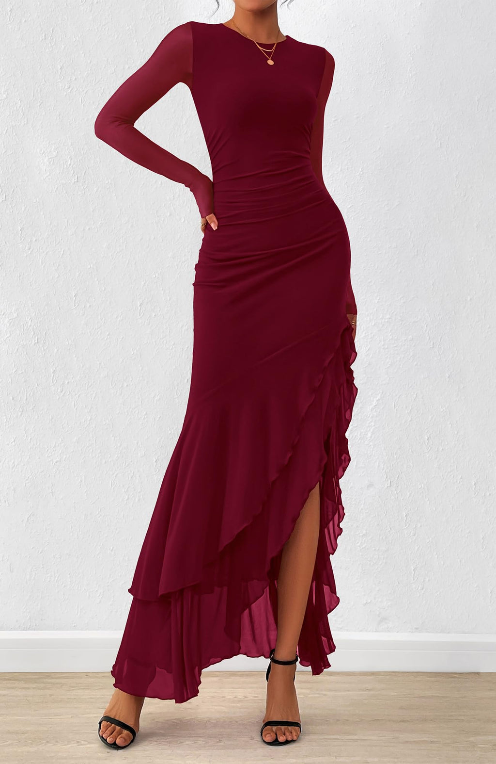 BTFBM Women's Maxi Dresses Fall Long Sleeve Wedding Guest Dress Mesh,Ruched,Bodycon,High Split,Solid Color,Ruffle, Mermaid,Cocktail Dresses,Prom,Party,Homecoming Dress,Fall Outfits