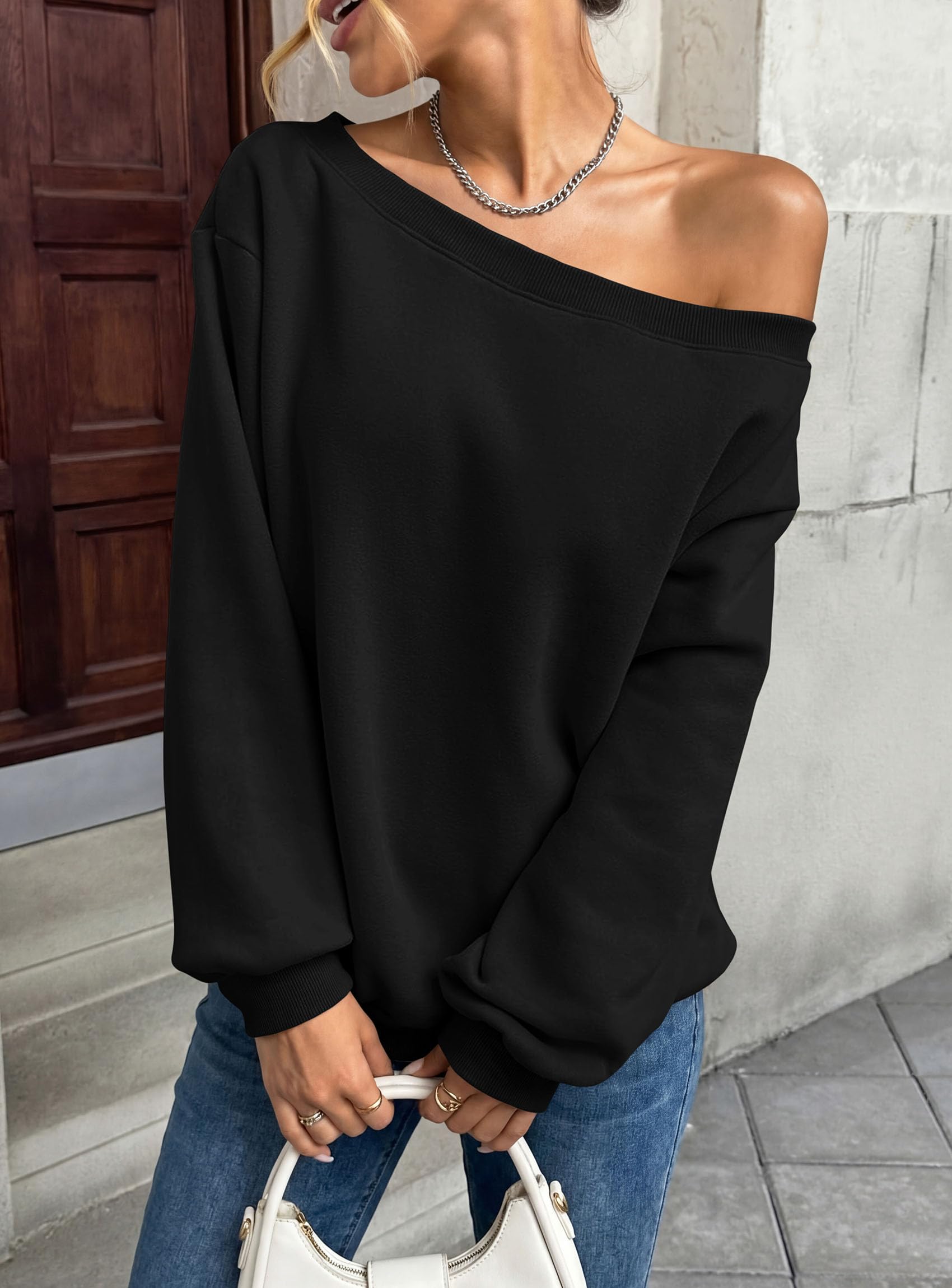 PRETTYGARDEN Womens Off The Shoulder Sweatshirt Loose Fit Slouchy Long Sleeve Tops,Fleece Cropped Sweatshirts,Oversized Pullover,Casual Daily Street Y2K Outfits,Fall Winter Clothes