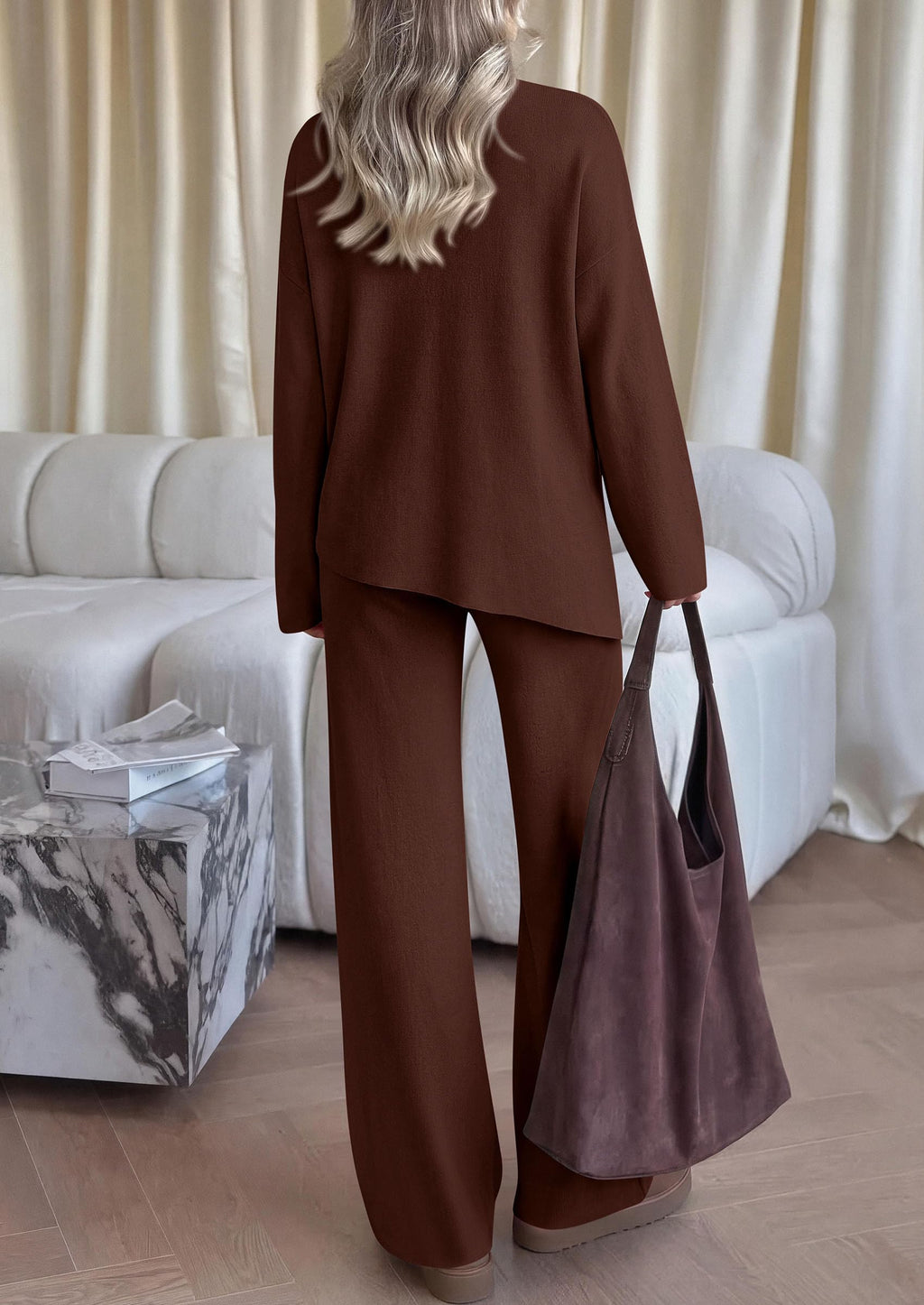 PRETTYGARDEN Womens Fall 2 Piece Asymmetric Cozy Sweater Travel Lounge Sets Crewneck Drop Shoulder Tops, Wide Leg Pants, Soft Casual Knit Matching Set,Vacation Airport Holiday Outfits