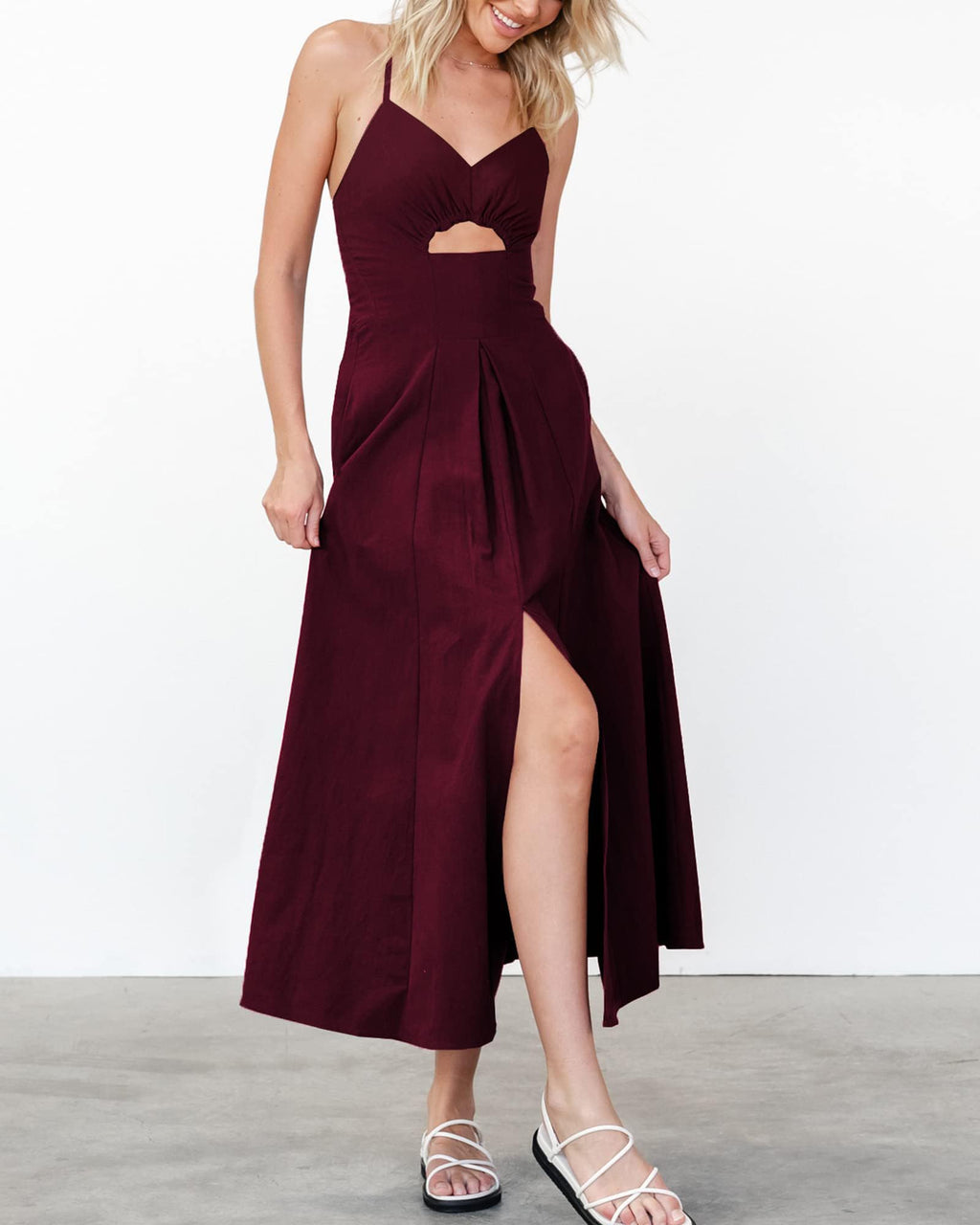BTFBM Women Spaghetti Strap Midi Summer Dresses Sleeveless V Neck Cutout Slit Casual Beach Party Maxi Dress Pockets