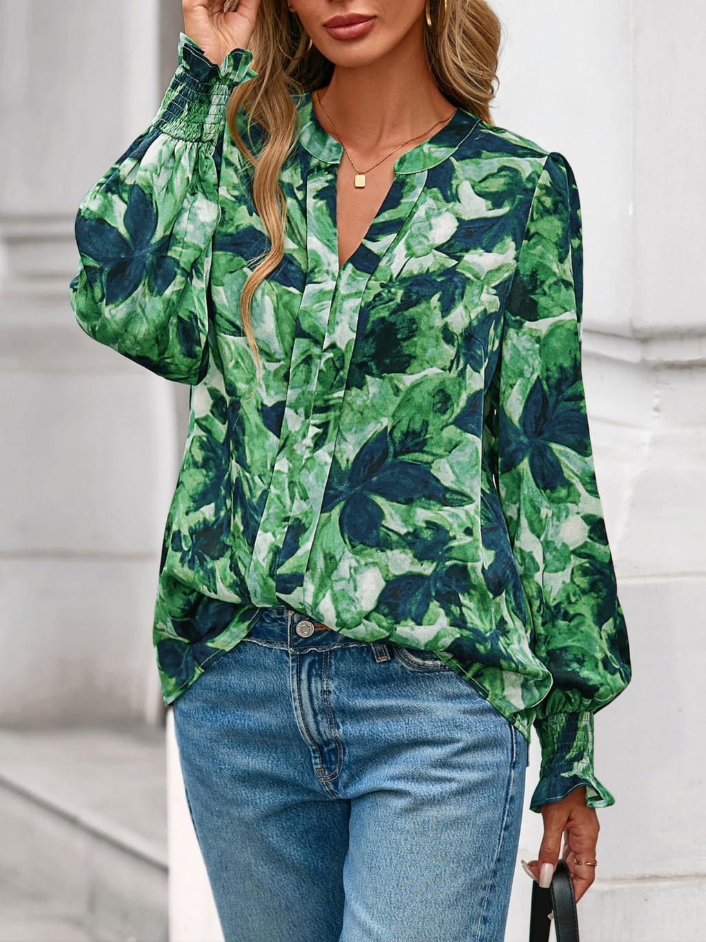 FreshPretty Womens Boho Floral Long Sleeve Tops Fall Fashion V Neck Loose Chiffon Work Blouses Dressy Casual Ruffle Shirts