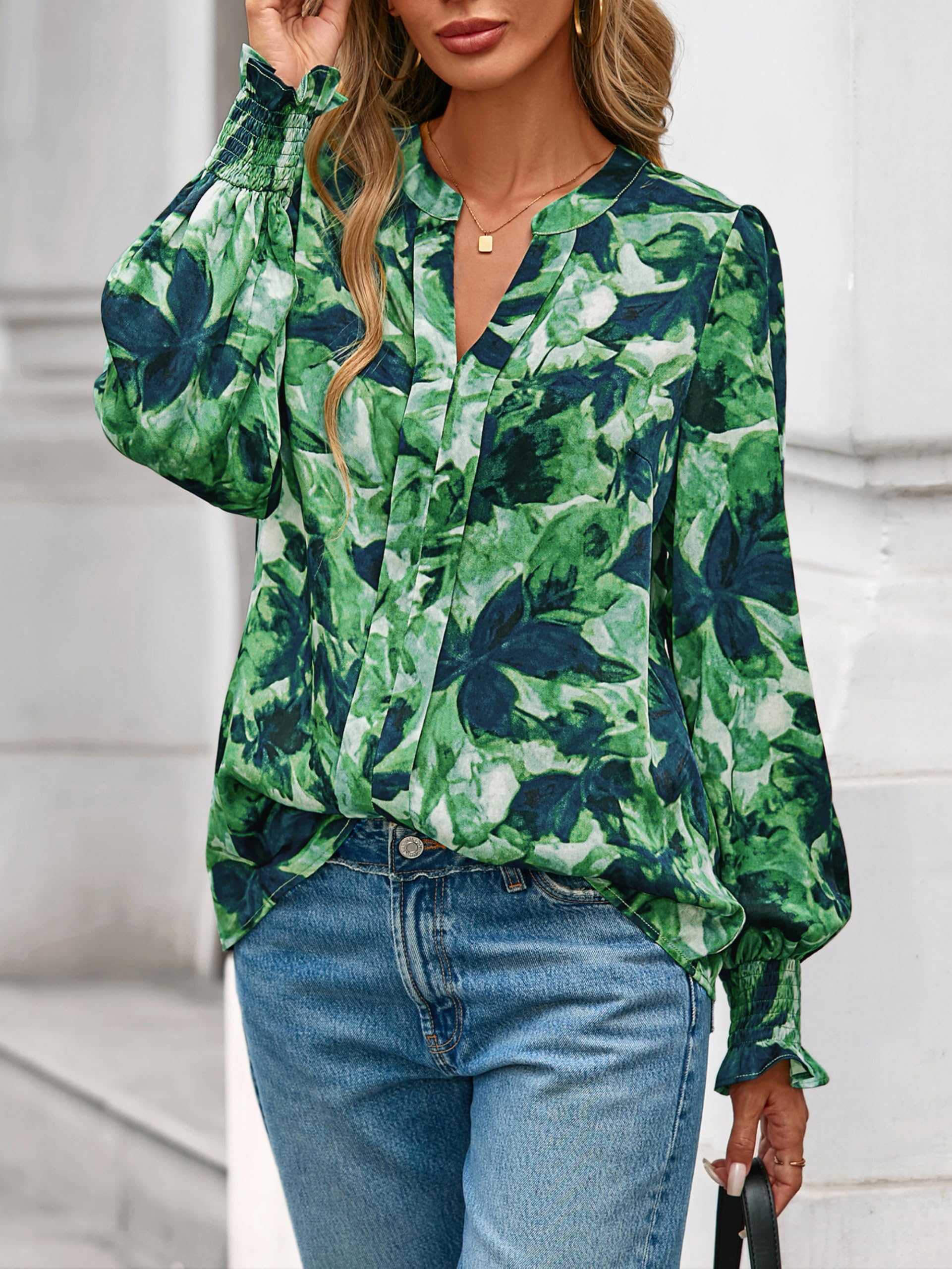 FreshPretty Womens Boho Floral Long Sleeve Tops Fall Fashion V Neck Loose Chiffon Work Blouses Dressy Casual Ruffle Shirts