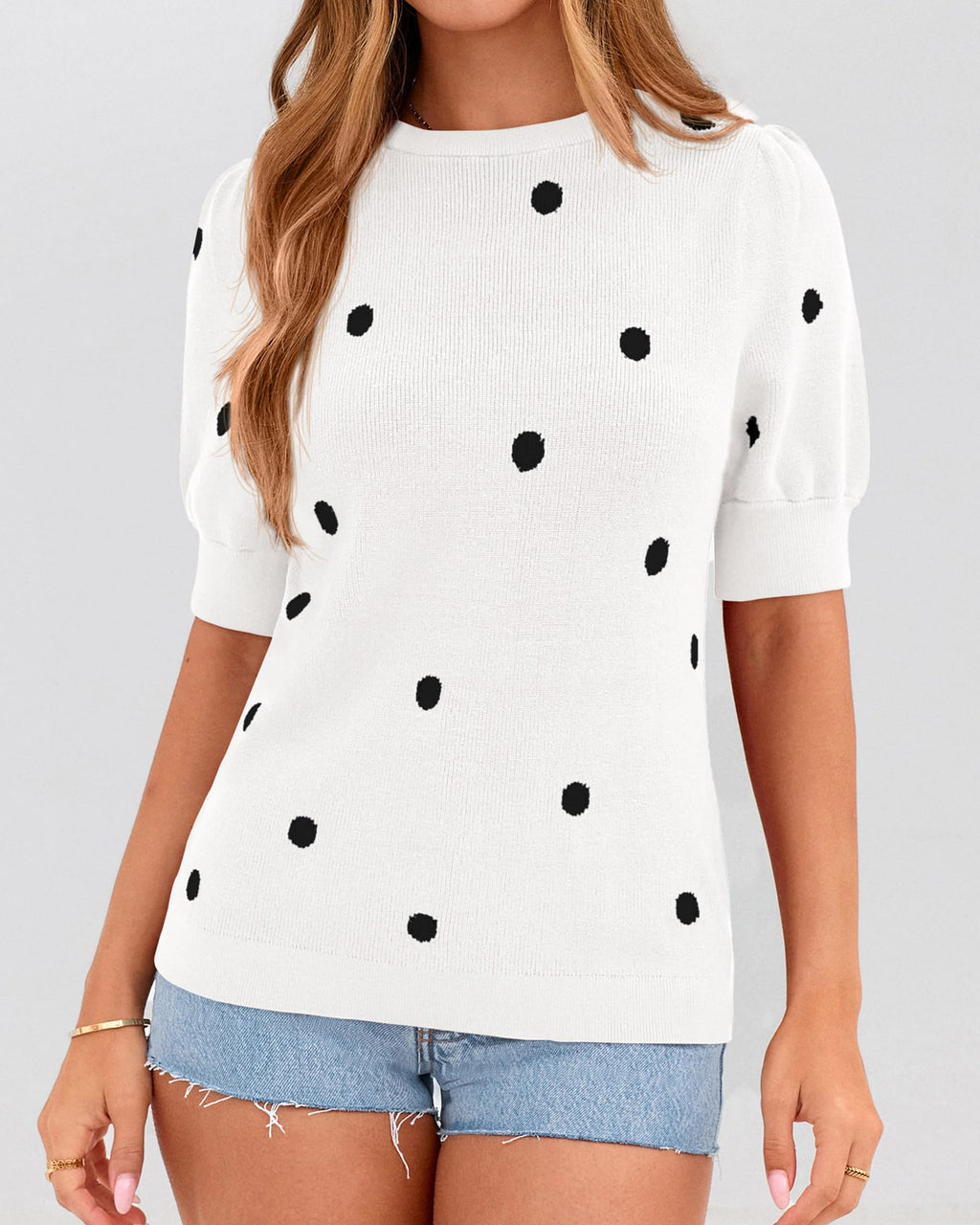 BTFBM Womens Sweaters Polka Dot Short Sleeve Sweater for Women Crew Neck Knit Summer Tops Business Dressy Casual Blouses