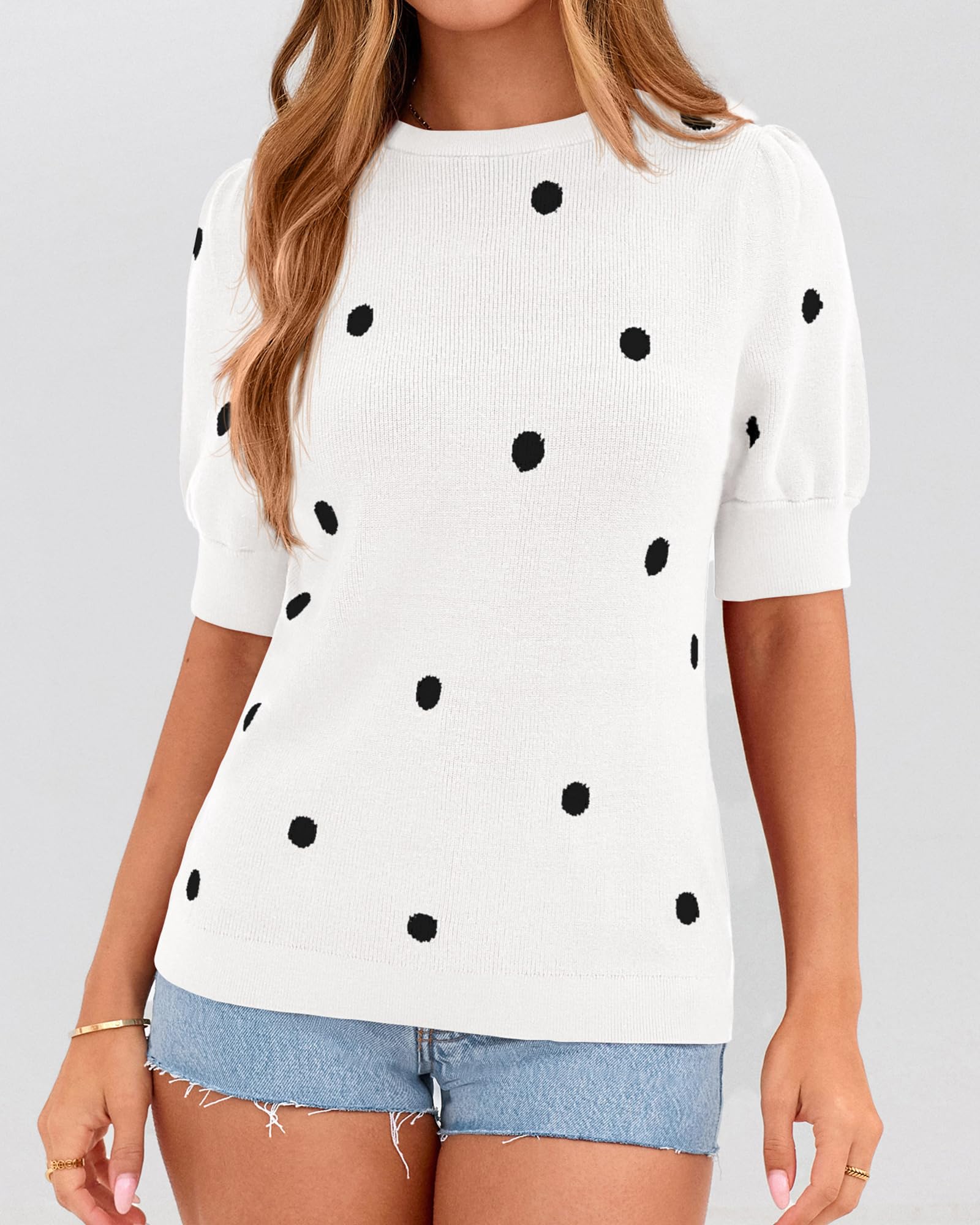 BTFBM Womens Sweaters Polka Dot Short Sleeve Sweater for Women Crew Neck Knit Summer Tops Business Dressy Casual Blouses