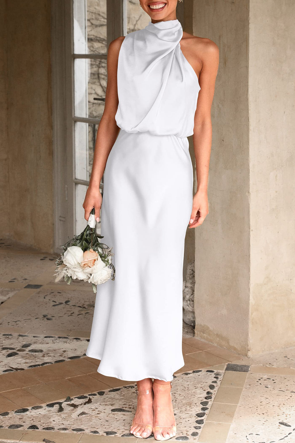 PRETTYGARDEN Women's Summer Satin Dress Elegant Sleeveless Mock Neck Cocktail Party Maxi Dresses