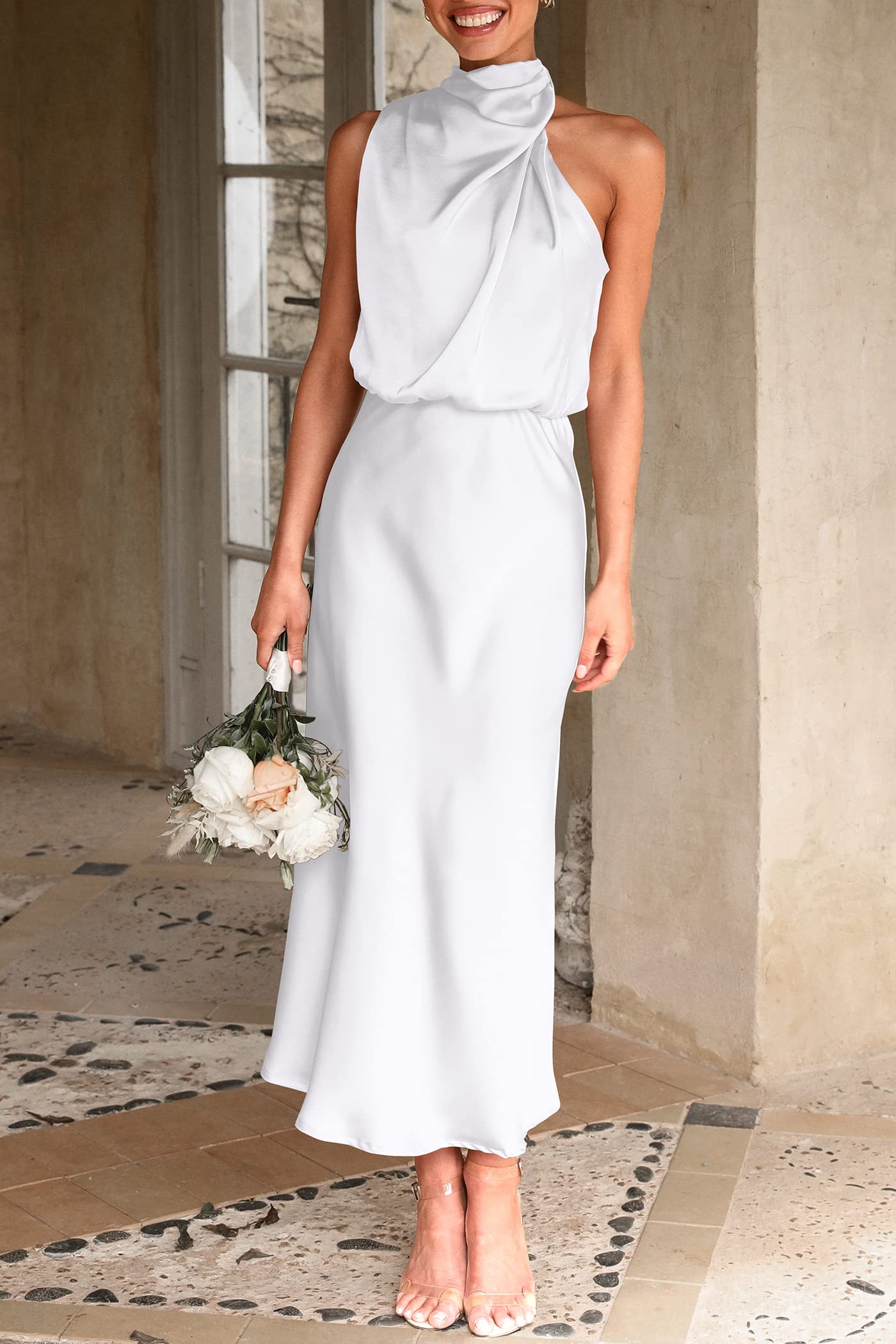 PRETTYGARDEN Women's Summer Satin Dress Elegant Sleeveless Mock Neck Cocktail Party Maxi Dresses