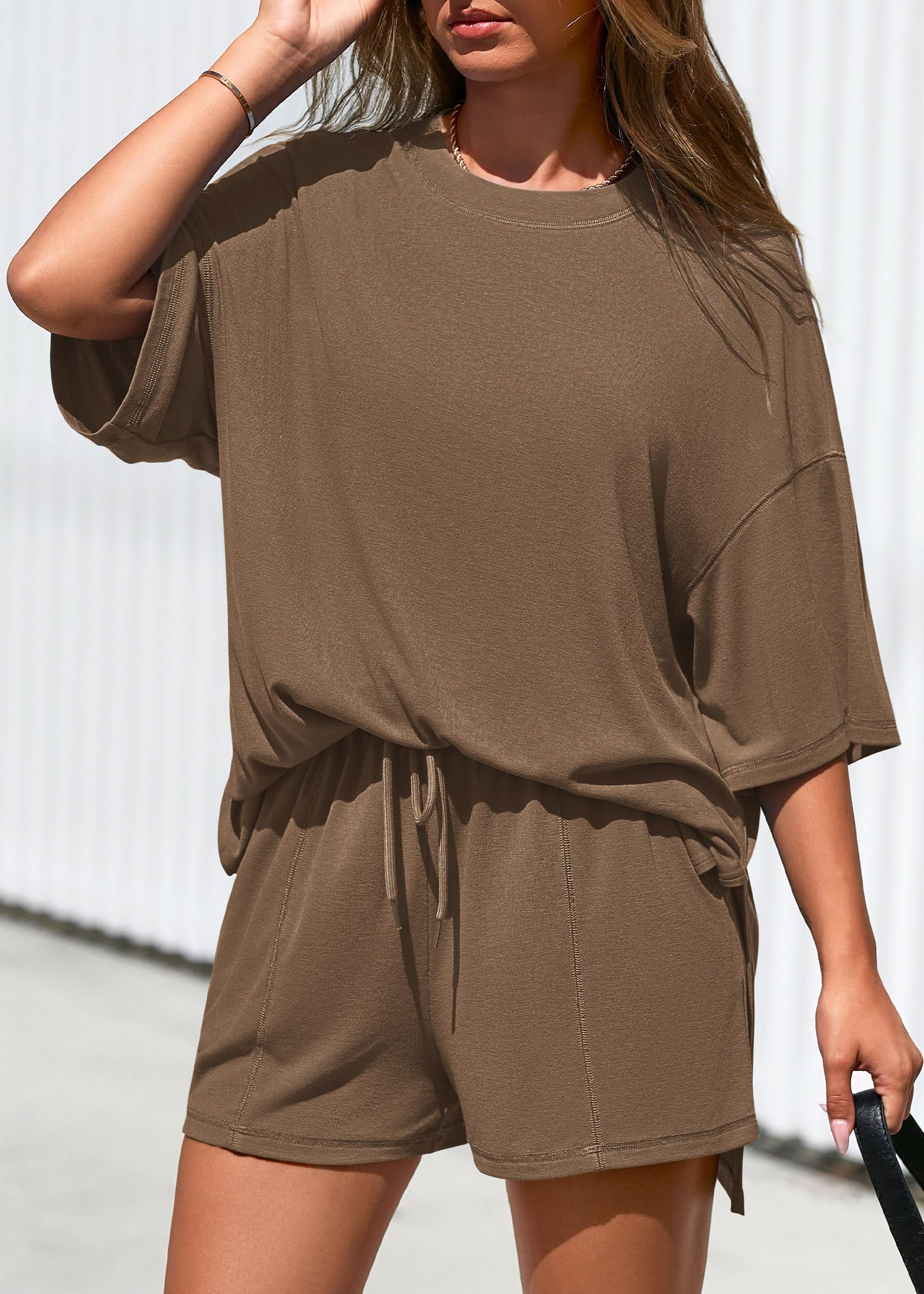 FreshPretty 2 Piece Sets for Women Summer Lounge Sets Casual Oversized Tshirts Shorts Matching Airport Travel Outfits Postpartum