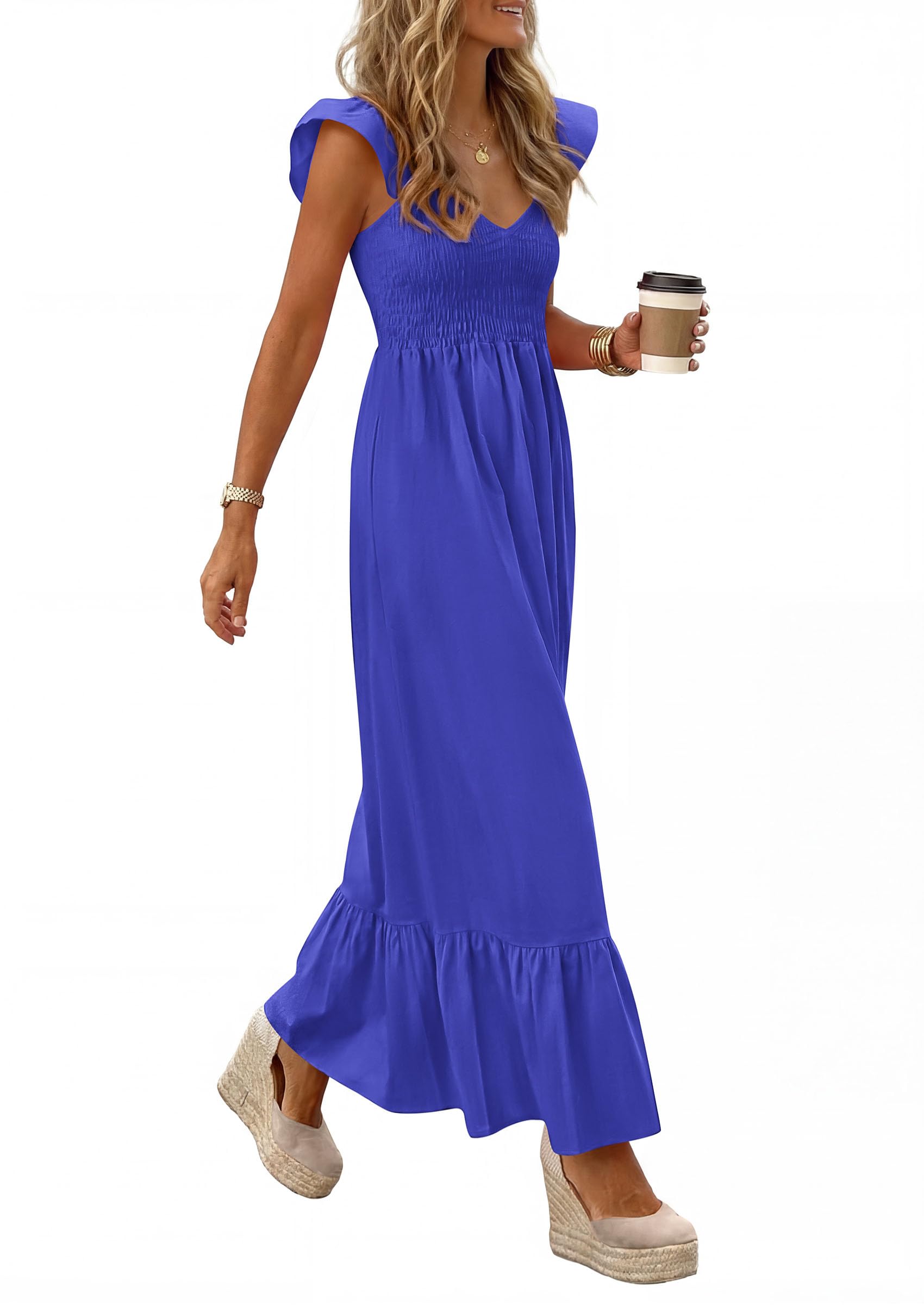 PRETTYGARDEN Women's Summer Casual Maxi Dresses Cap Sleeve V Neck Smocked Long Pockets Party Sundress Vacation Outfits