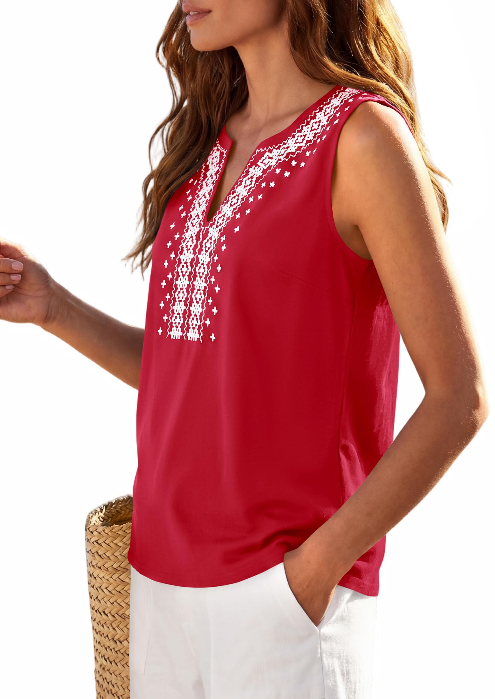 PRETTYGARDEN Womens Tank Tops Summer Causal V Neck Sleeveless Shirts Floral Print Embroidered Beach Vacation Boho Top