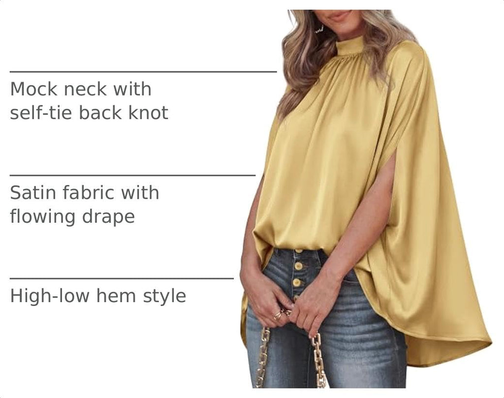 BTFBM Womens Summer Tops Mock Neck Batwing Sleeve Silk Satin Shirts Loose Oversized Dressy Casual Spring Blouses