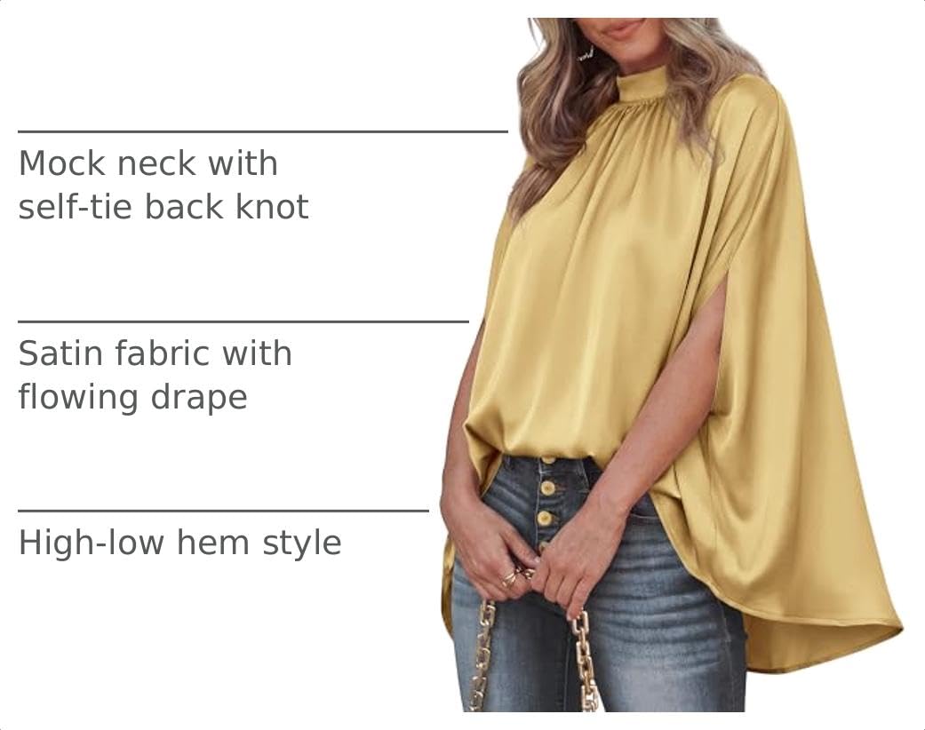 BTFBM Womens Summer Tops Mock Neck Batwing Sleeve Silk Satin Shirts Loose Oversized Dressy Casual Spring Blouses