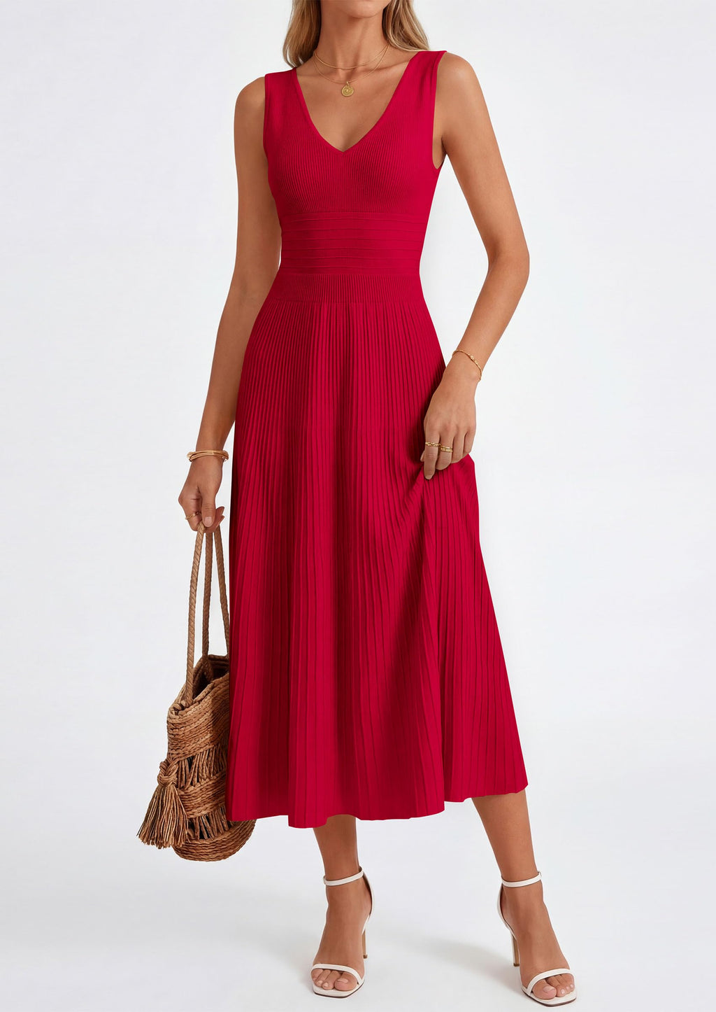 PRETTYGARDEN Women's Summer Casual Dresses Spring Sleeveless V Neck Knit Midi Business Work A Line Cocktail Dress