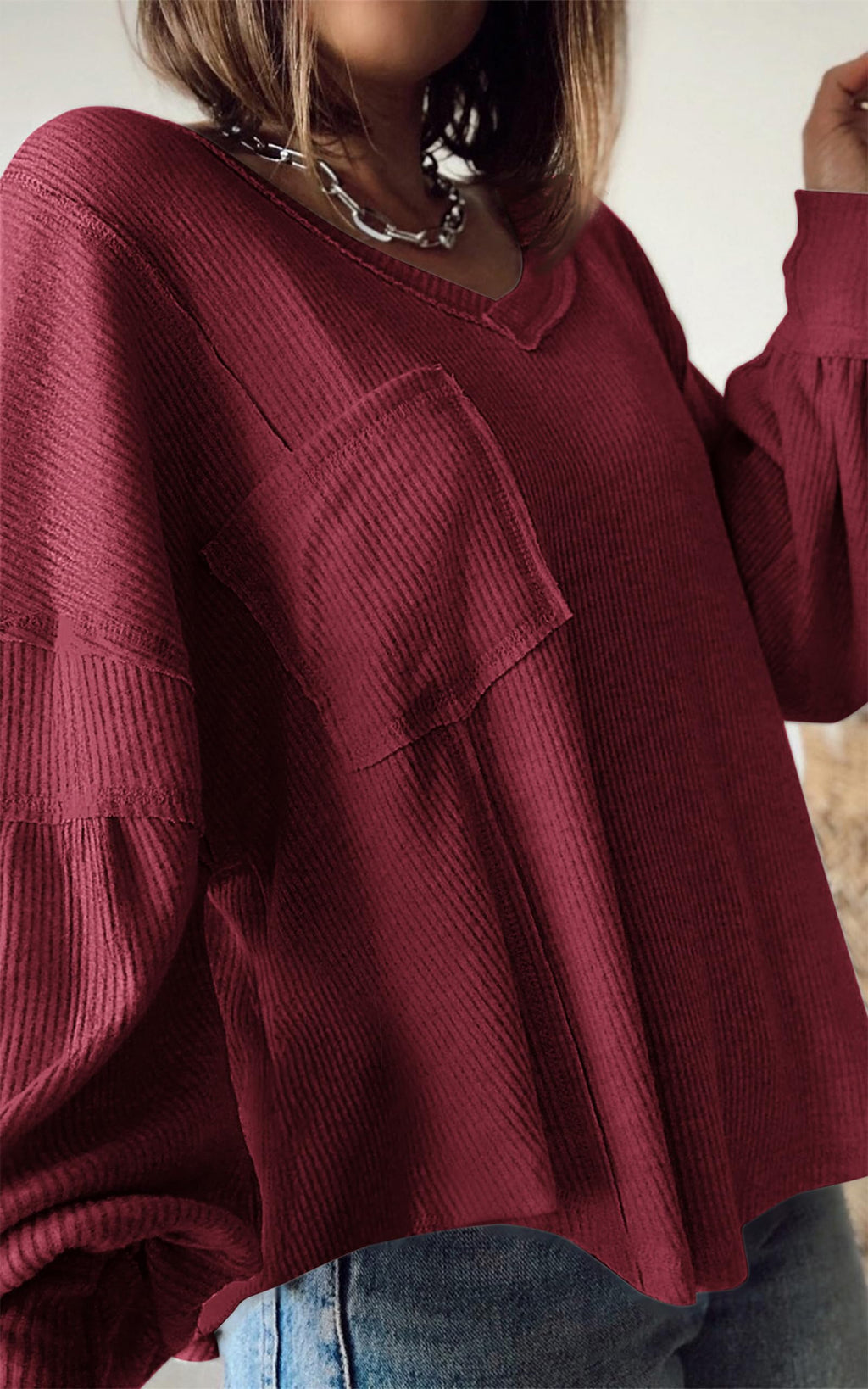 FreshPretty Womens Fall Fashion Long Sleeve Shirts Casual V Neck Ribbed Knit Blouses Pullover Trendy Loose Fit Tunic Tops