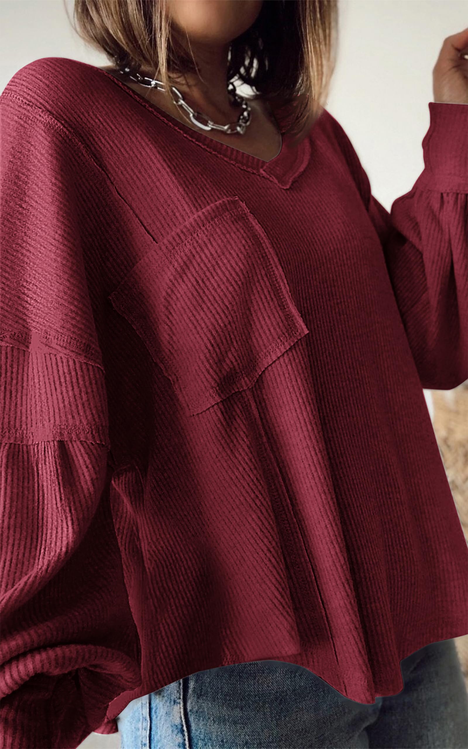 FreshPretty Womens Fall Fashion Long Sleeve Shirts Casual V Neck Ribbed Knit Blouses Pullover Trendy Loose Fit Tunic Tops