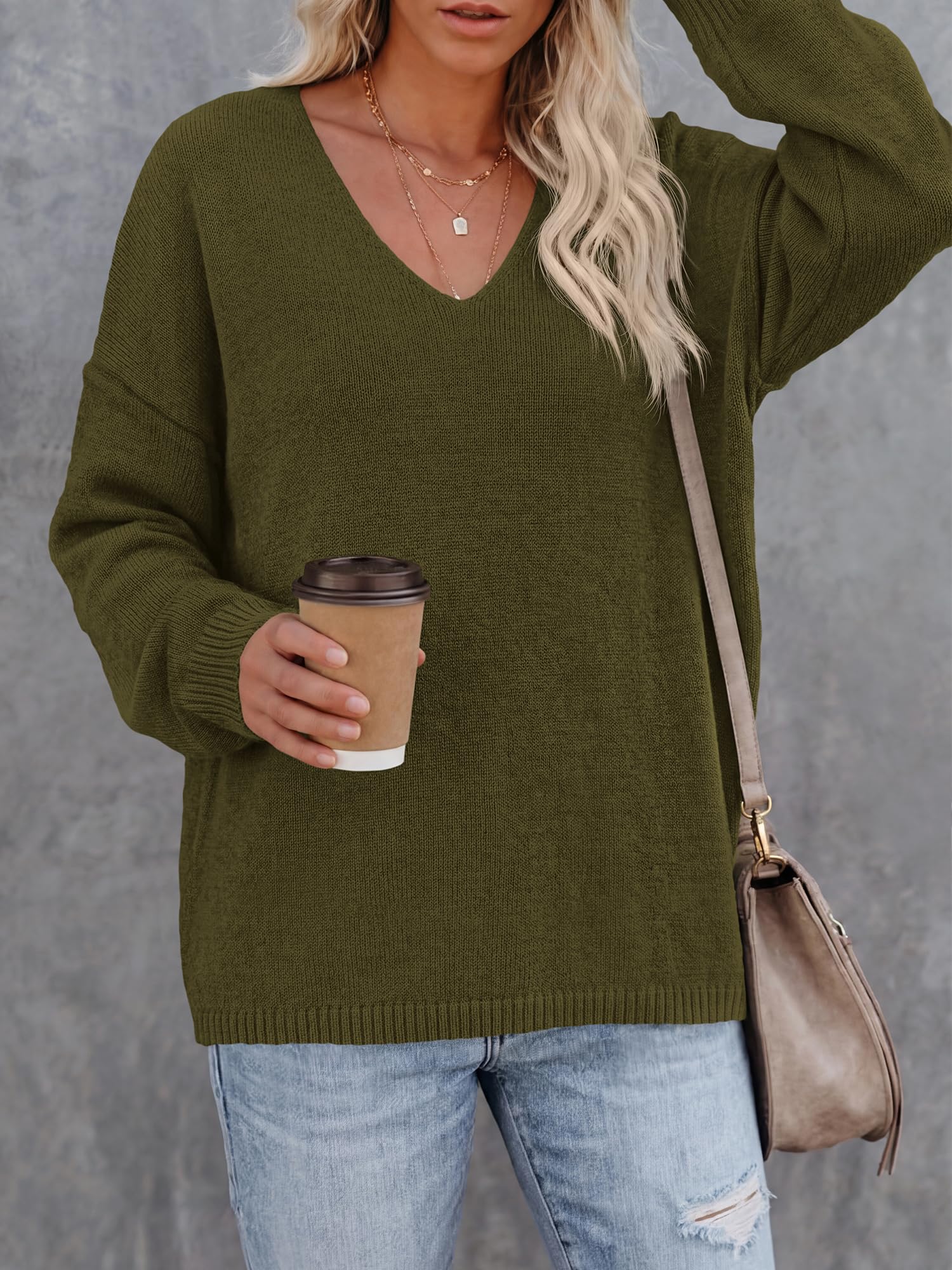 BTFBM Women's Loose Knitted Casual Sweaters | V Neck,Long Sleeve Sweater,Slouchy Pullover Tops,Fall Winter Clothes