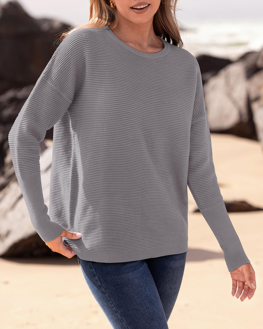 FreshPrettyFall Sweaters for Women Casual Long Sleeve Sweater Striped Loose Fit Pullover Tops