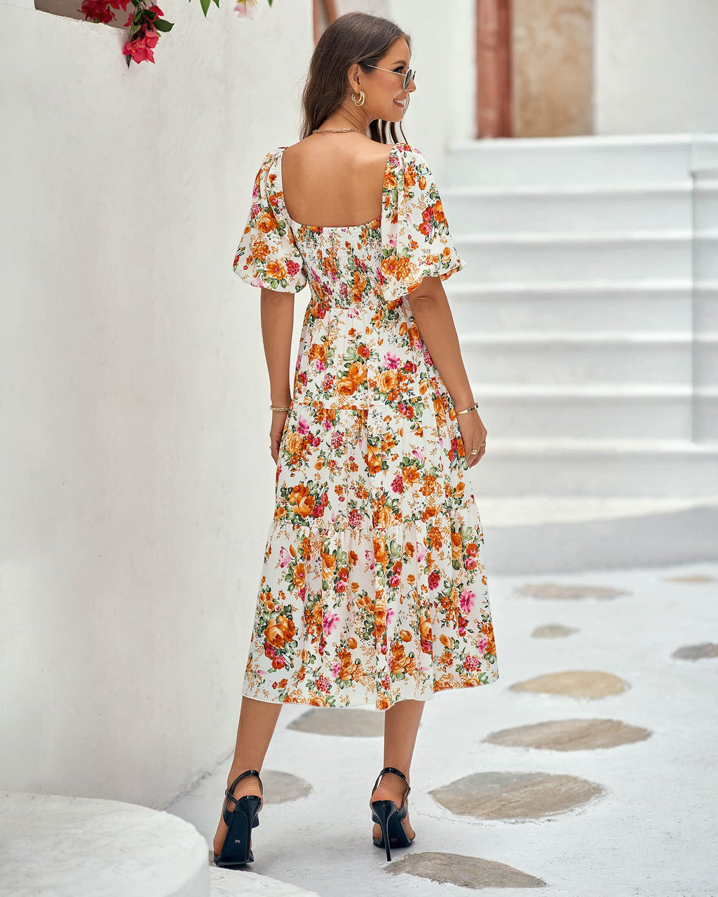 FreshPretty Women Summer Dresses Casual Flowy Beach Square Neck Puff Short Sleeve Smocked Back Boho Floral Long Maxi Dress