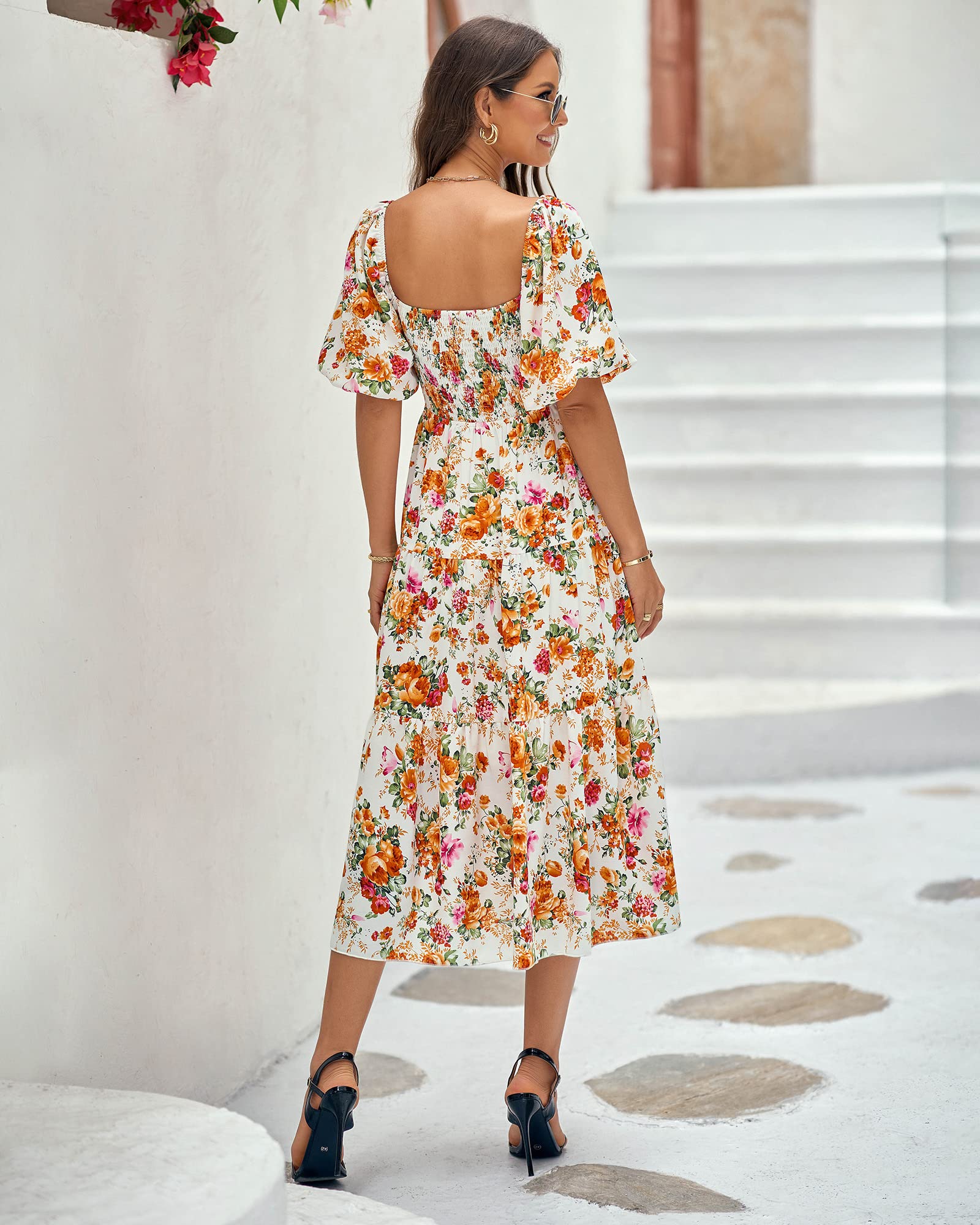 FreshPretty Women Summer Dresses Casual Flowy Beach Square Neck Puff Short Sleeve Smocked Back Boho Floral Long Maxi Dress