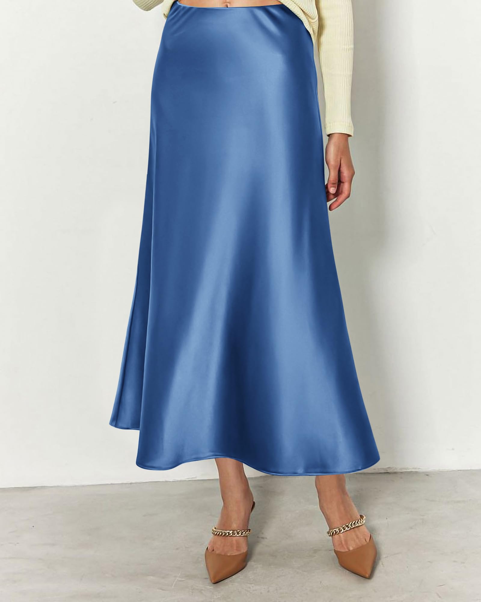 BTFBM Summer Womens Skirts Silk Elegant High Waist Flowy Long Satin A-Line Midi Skirt Cocktail Wedding Party