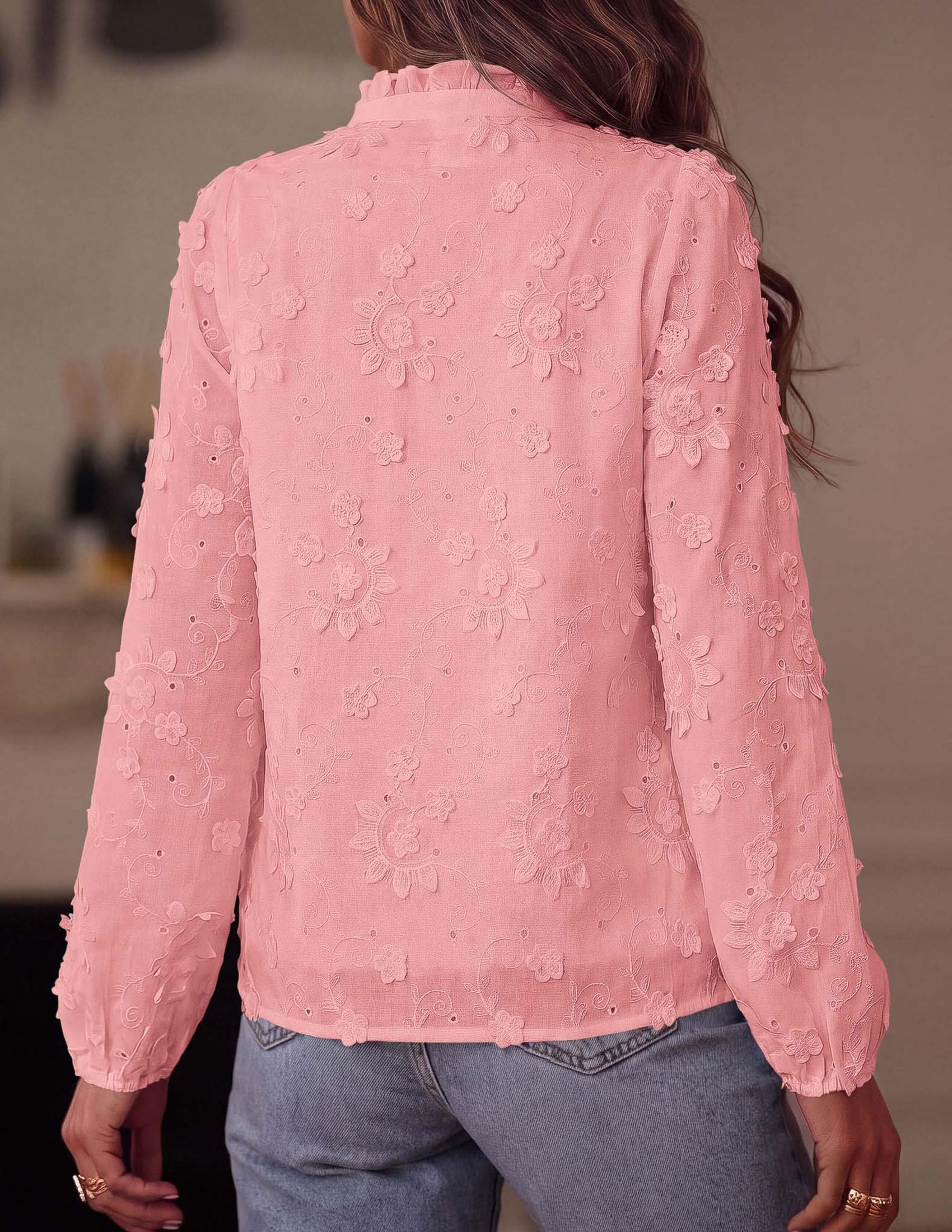 PRETTYGARDEN Women's Floral Embroidered Button Down Shirts | Ladies Dressy Fall Blouses, Long Sleeves, Ruffle Neck, Elegant Boho Eyelet Tops for Work, Business & Spring Casual Outings