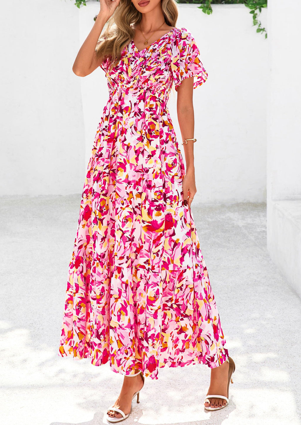 PRETTYGARDEN Boho Dresses for Women Summer Floral Short Sleeve V Neck Smocked Flowy Beach Vacation Maxi Dress