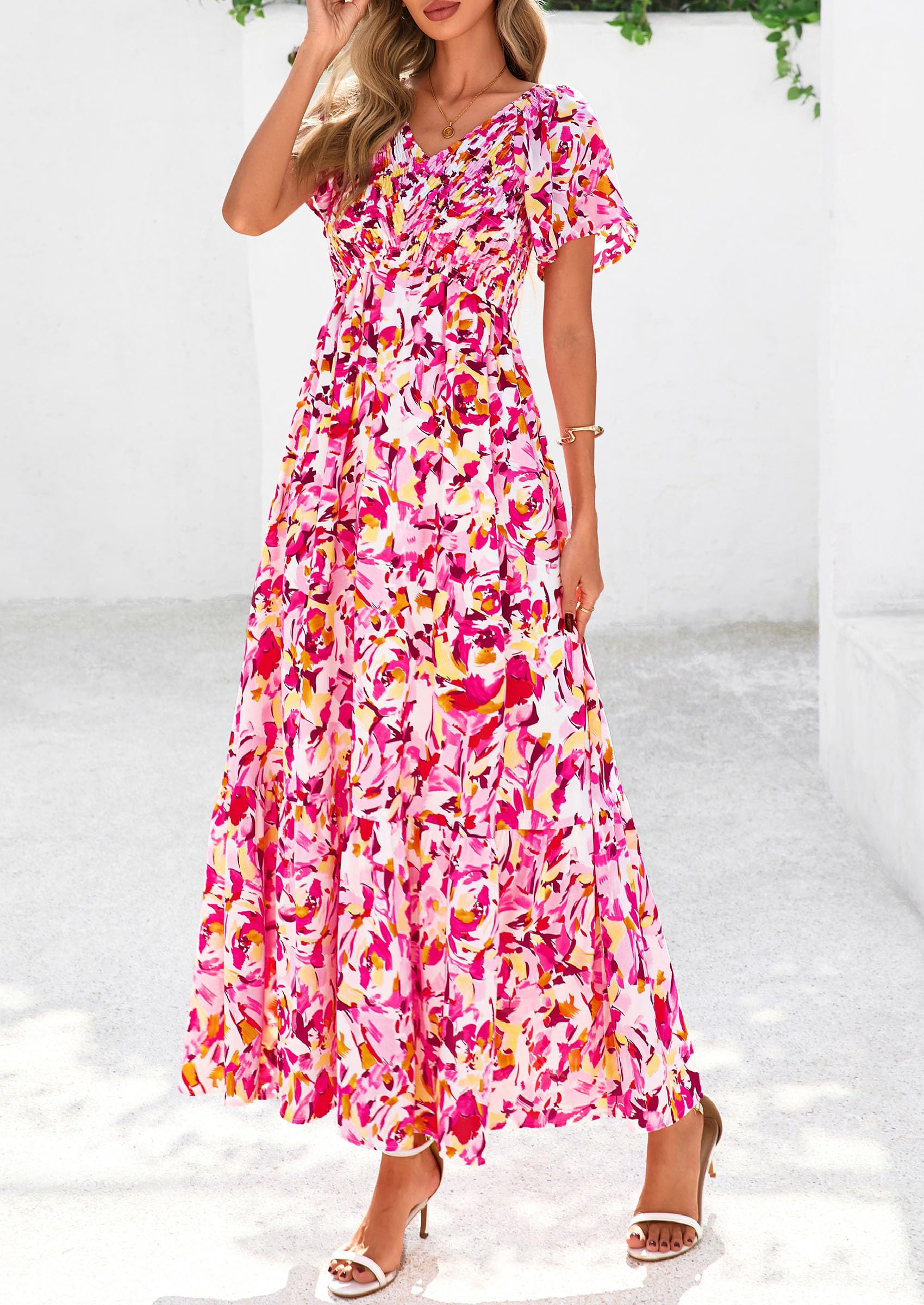 PRETTYGARDEN Boho Dresses for Women Summer Floral Short Sleeve V Neck Smocked Flowy Beach Vacation Maxi Dress