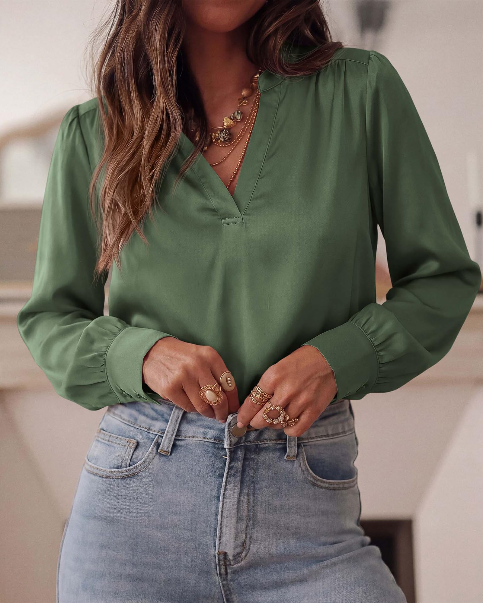 BTFBM Satin Blouses for Women Dressy Casual | Lightweight,V Neck,Long Sleeve Tops,Going Out Outfits,Fall Fashion Clothing