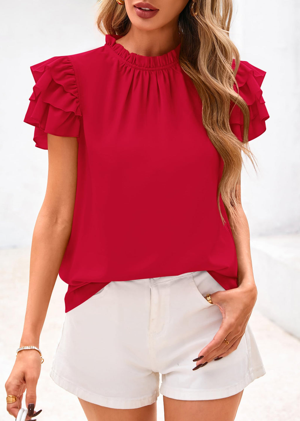 FreshPretty Blouses for Women Dressy Casual Spring Summer Ruffle Short Sleeve Mock Neck Work Shirts Tops Fashion Clothing