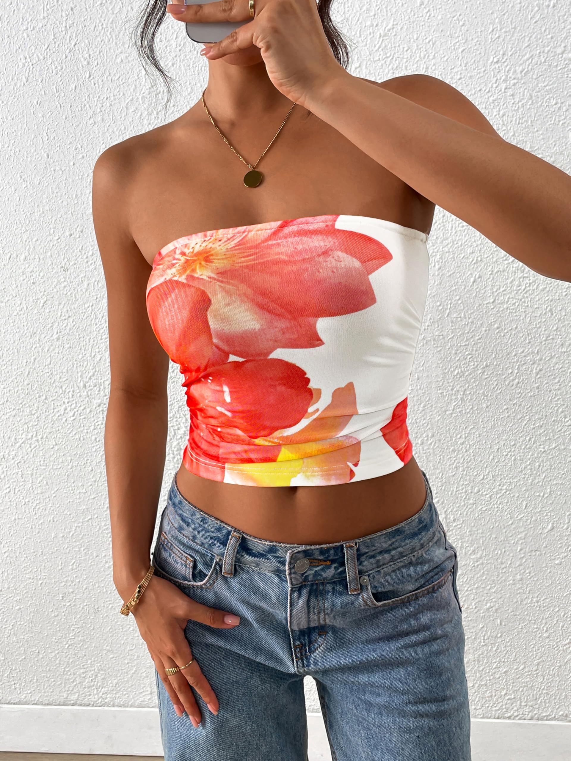 FreshPretty Womens Fashion Summer Floral Mesh Tube Top Ruched Going Out Bandeau Sleeveless Strapless Crop Tops Y2k Clothes