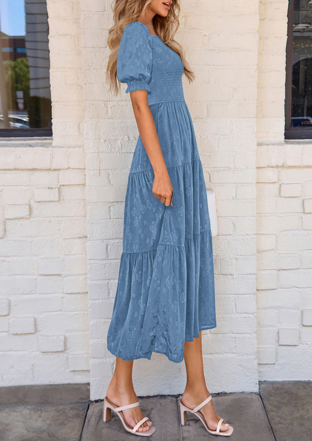PRETTYGARDEN Women's Summer Casual Midi Dresses Square Neck Short Sleeve Smocked A Line Floral Flowy Elegant Boho Dress