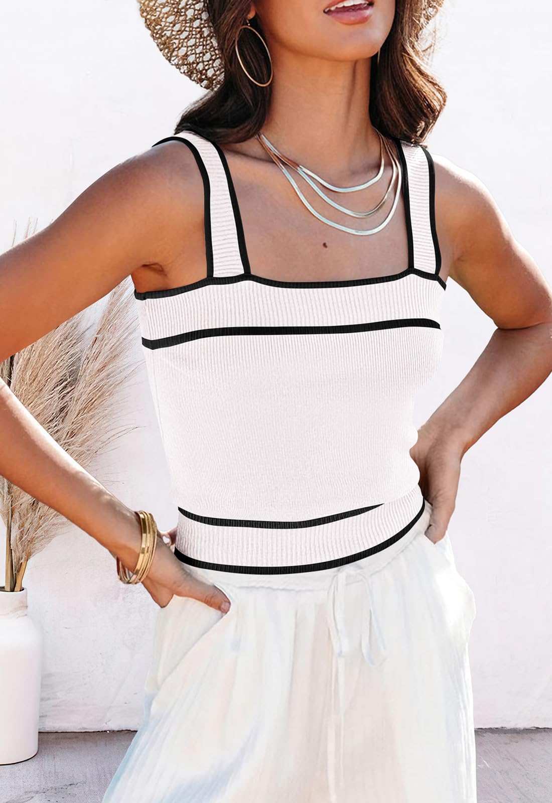FreshPretty Women's Trendy Summer Square Neck Crop Tank Tops Casual Color Block Knit Sleeveless Slim Fit Y2k Cami Shirts
