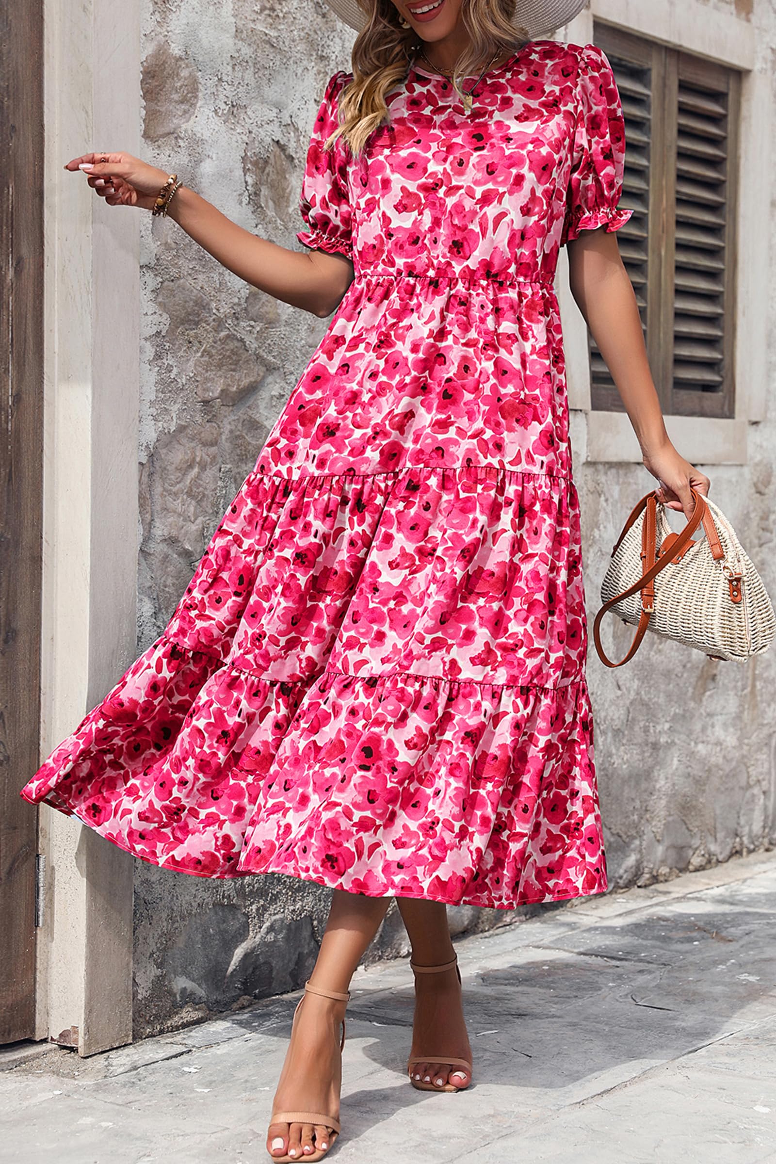 PRETTYGARDEN Summer Dresses for Women Casual Floral Boho Midi Sun Dress Puff Short Sleeve Flowy Beach Vacation Sundress