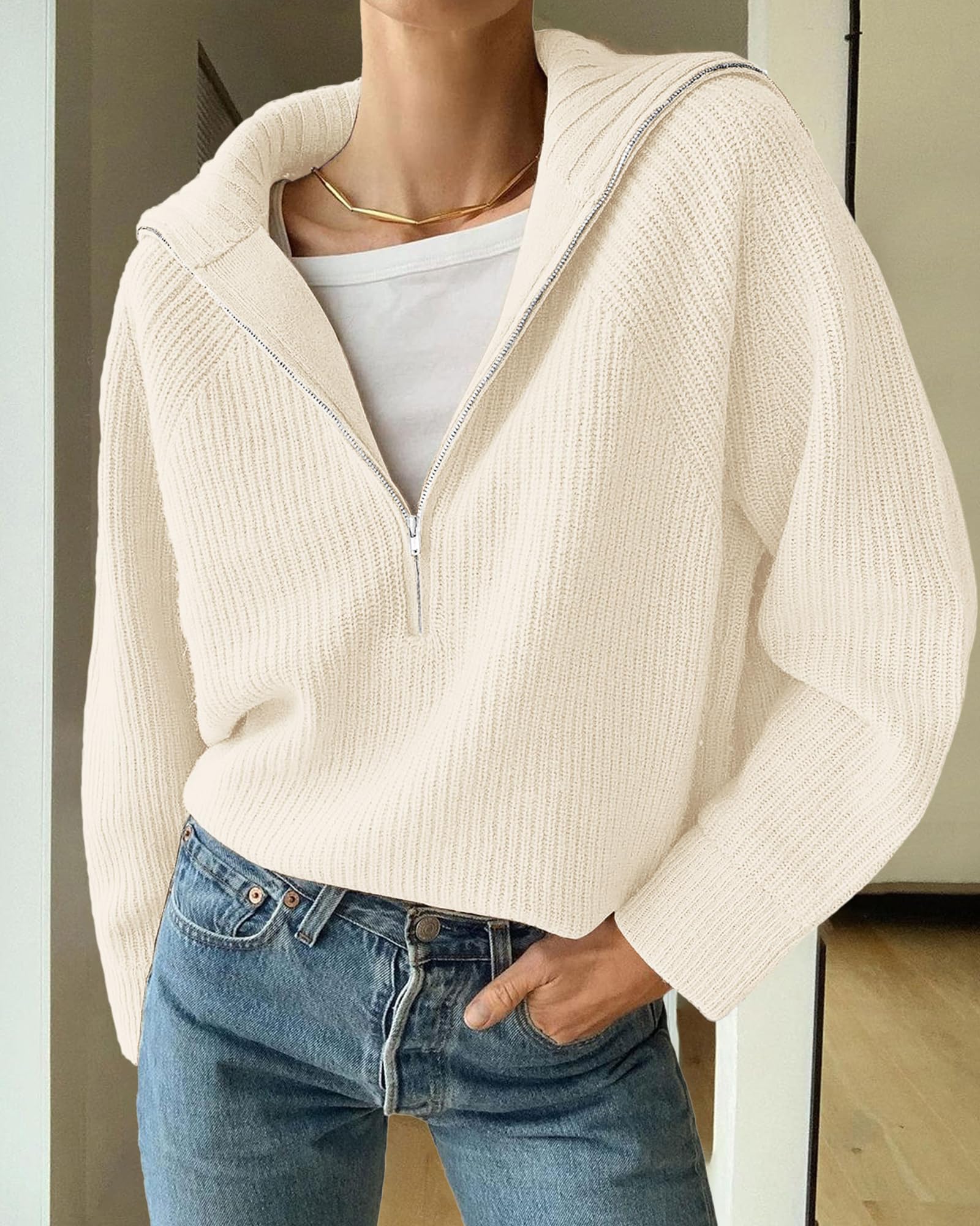 BTFBM Womens Sweaters Quarter Zip Pullover V Neck Collar Long Sleeve Ribbed Knit Loose Casual Winter Fall Sweater