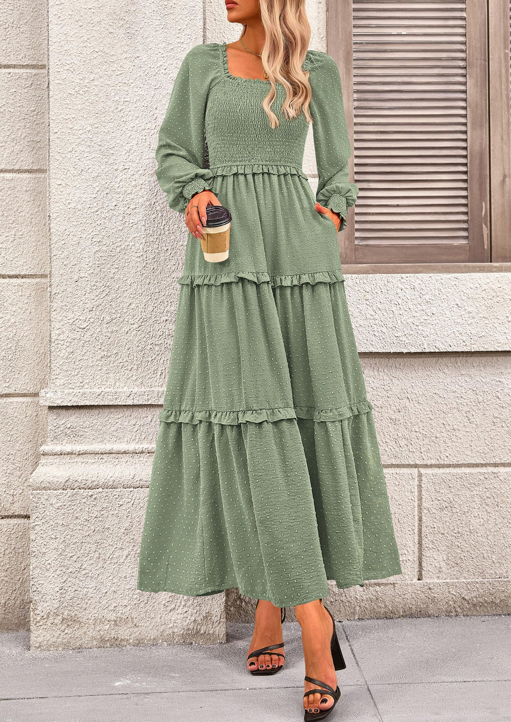 PRETTYGARDEN Fall Dresses for Women Long Sleeve Smocked Square Neck Swiss Dot Tiered Flowy Wedding Guest Maxi Dress