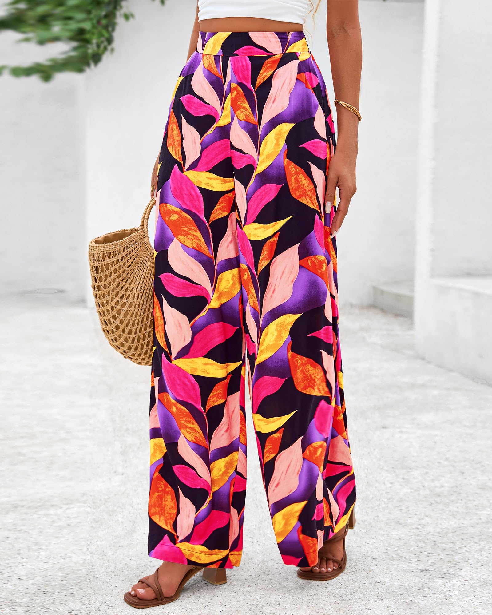 FreshPretty Womens Wide Leg Summer Pants Boho Beach Vacation Loose Elastic Waist Printed Palazzo Pant Pockets