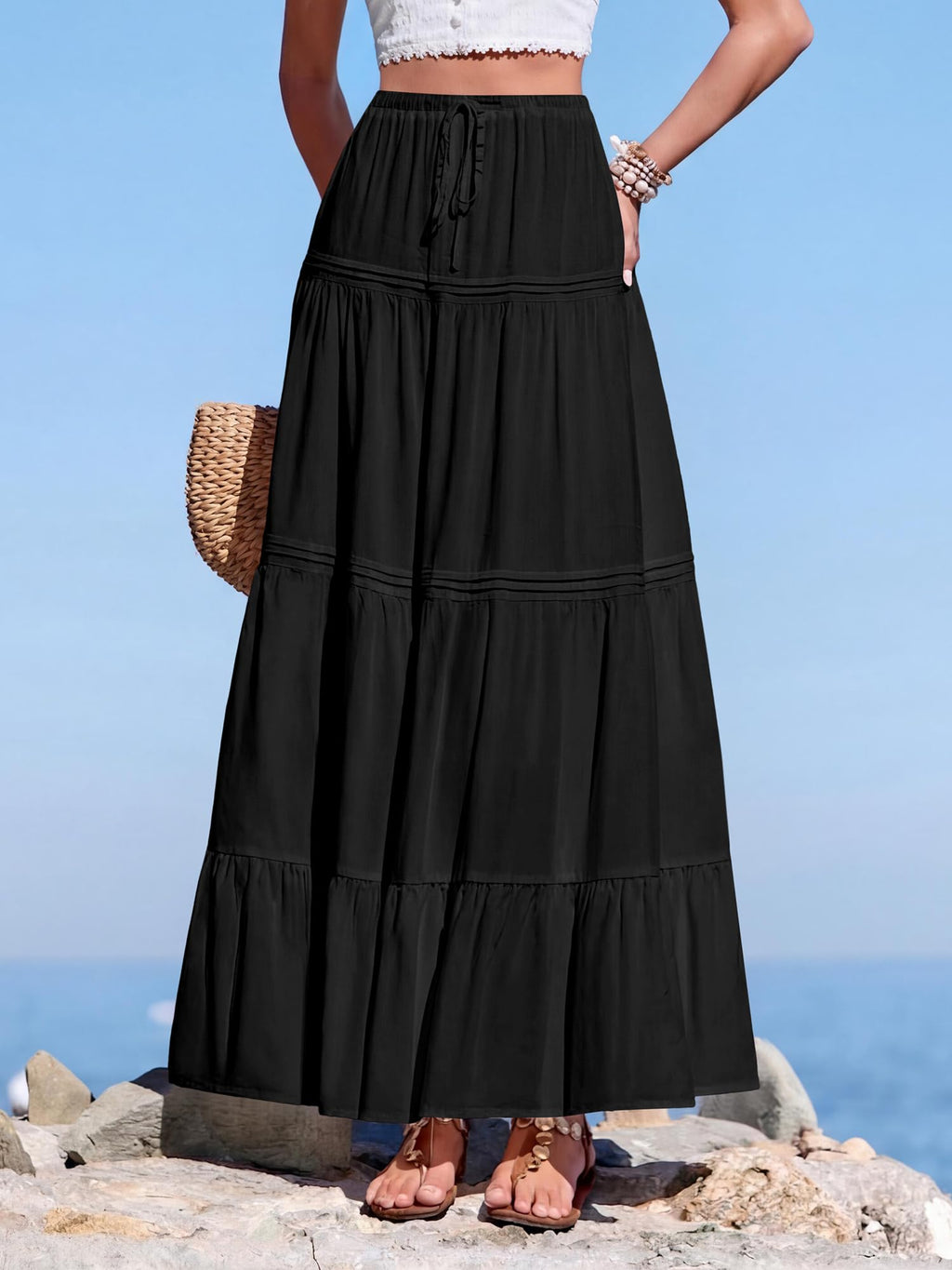 BTFBM Spring Skirts for Women Summer Boho Beach Vacation Clothes Casual Pleated High Waisted Flowy Maxi Skirt