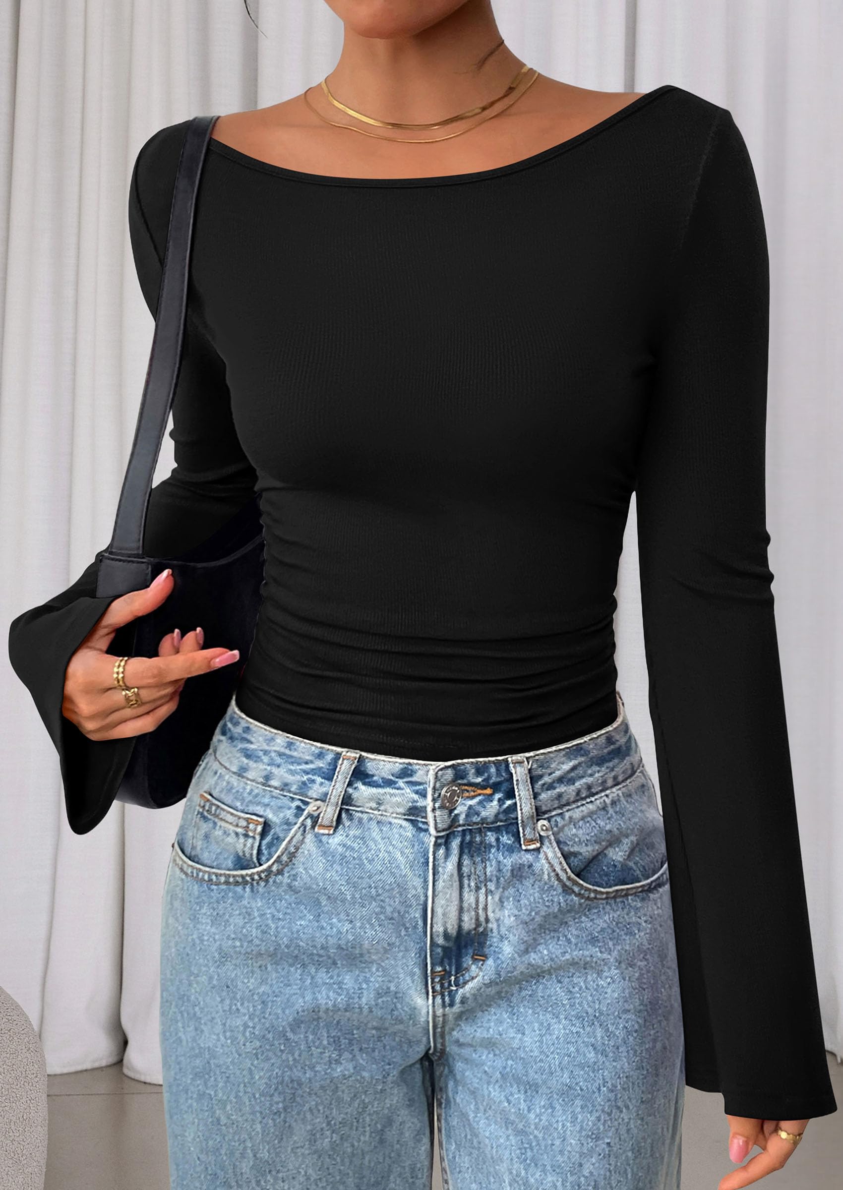 PRETTYGARDEN Women's Long Sleeve Shirts Fall Crop Going Out Tops Casual Boat Neck Bell Sleeve Ribbed Ruched Y2K Clothes