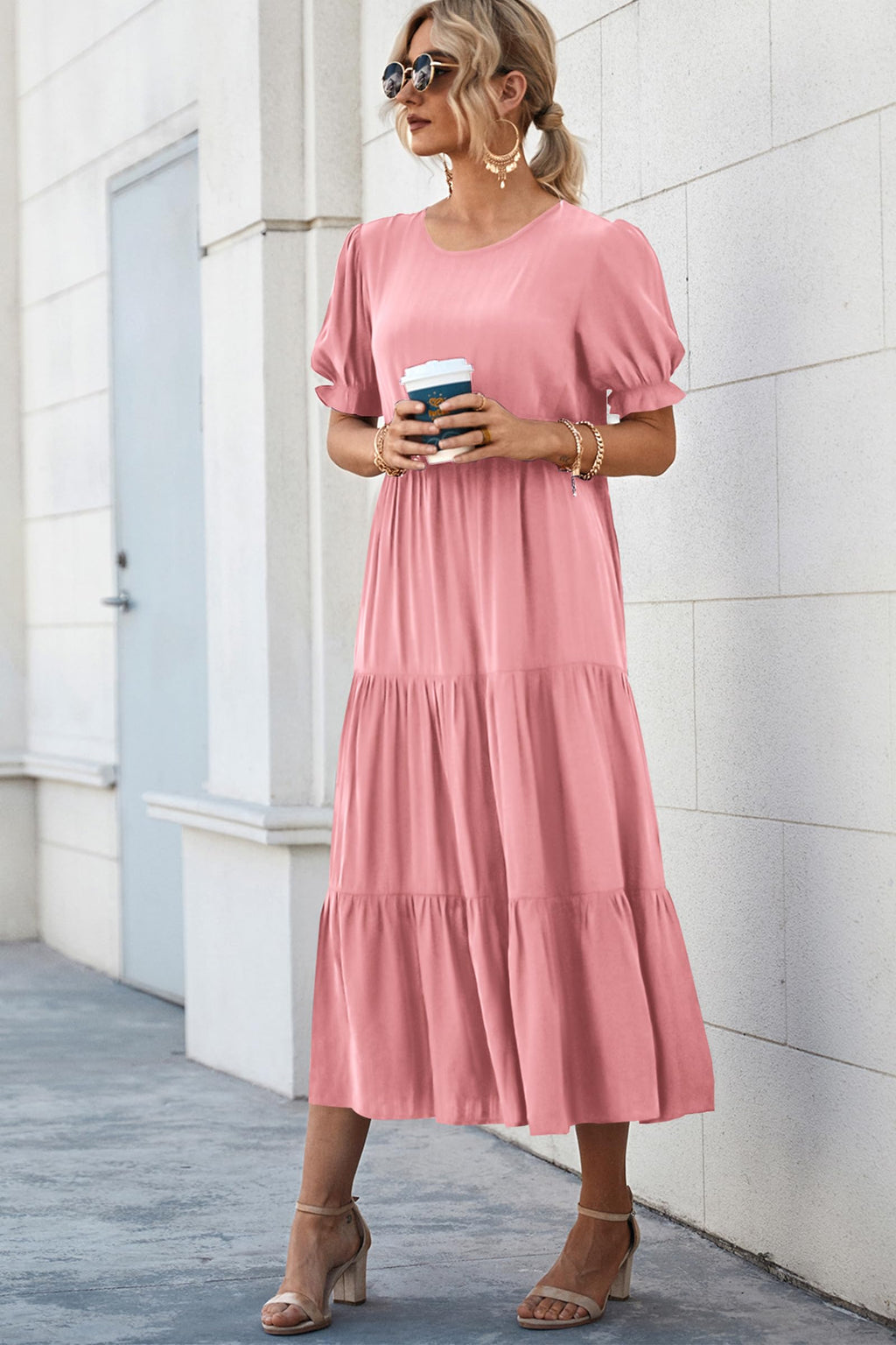 PRETTYGARDEN Summer Dresses for Women Casual Floral Boho Midi Sun Dress Puff Short Sleeve Flowy Beach Vacation Sundress