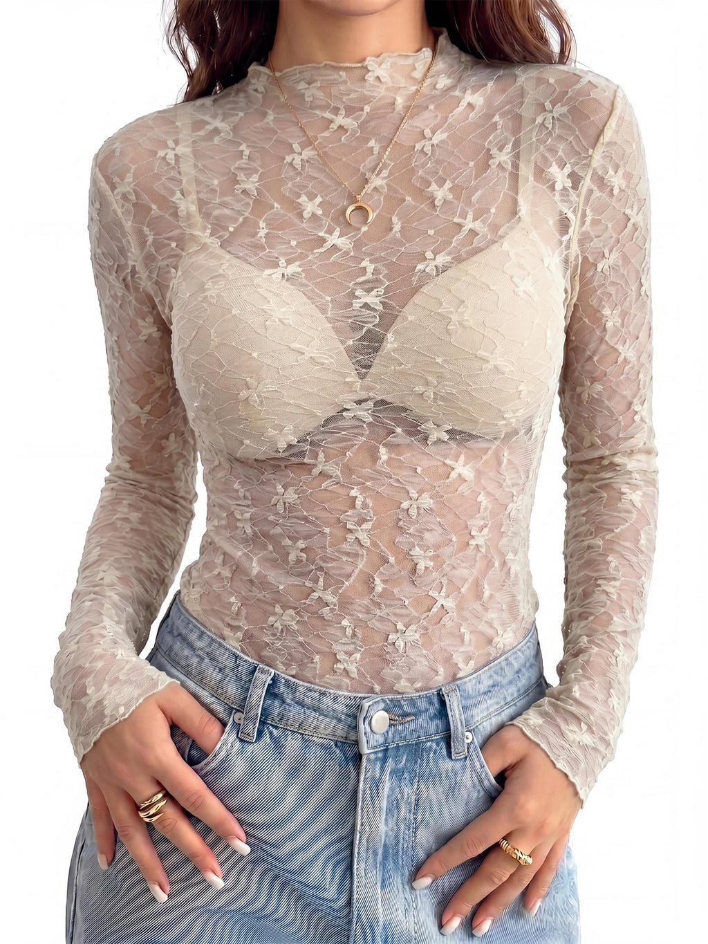 BTFBM Womens Tops Mesh Lace Long Sleeve Tops for Women Spring Fall Sheer See Through Tight Party Club Outfits