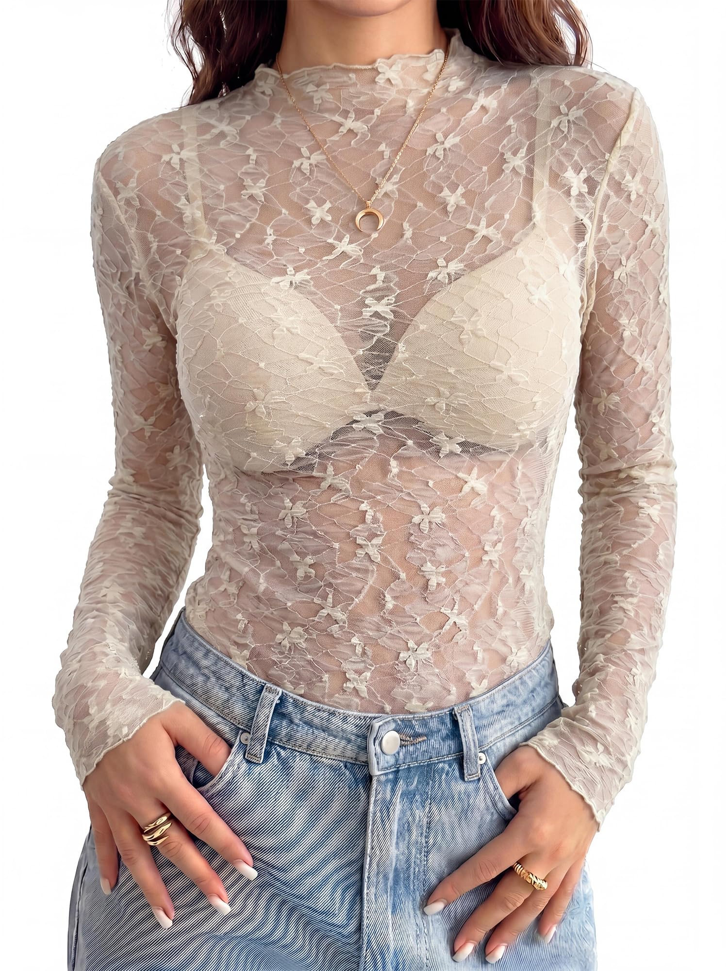 BTFBM Womens Tops Mesh Lace Long Sleeve Tops for Women Spring Fall Sheer See Through Tight Party Club Outfits