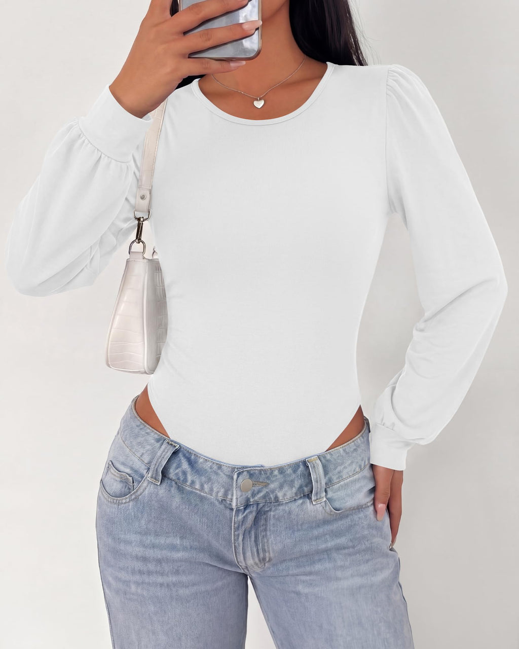 BTFBM Long Puff Sleeve Bodysuits for Women | Crew Neck 2 Snap Crotch Thong Shapewear,Stretchy Knit Leotards,Casual Y2K Going Out Tops,Winter Layer,Fall Fashion Clothing