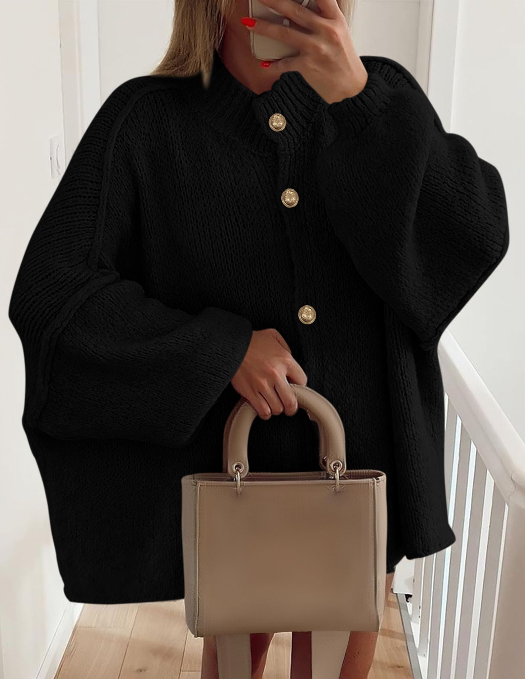 PRETTYGARDEN Women's Winter Button Down Cardigan Sweaters Mock Neck Lantern Long Sleeve Chunky Knit Jacket Trendy Outerwear