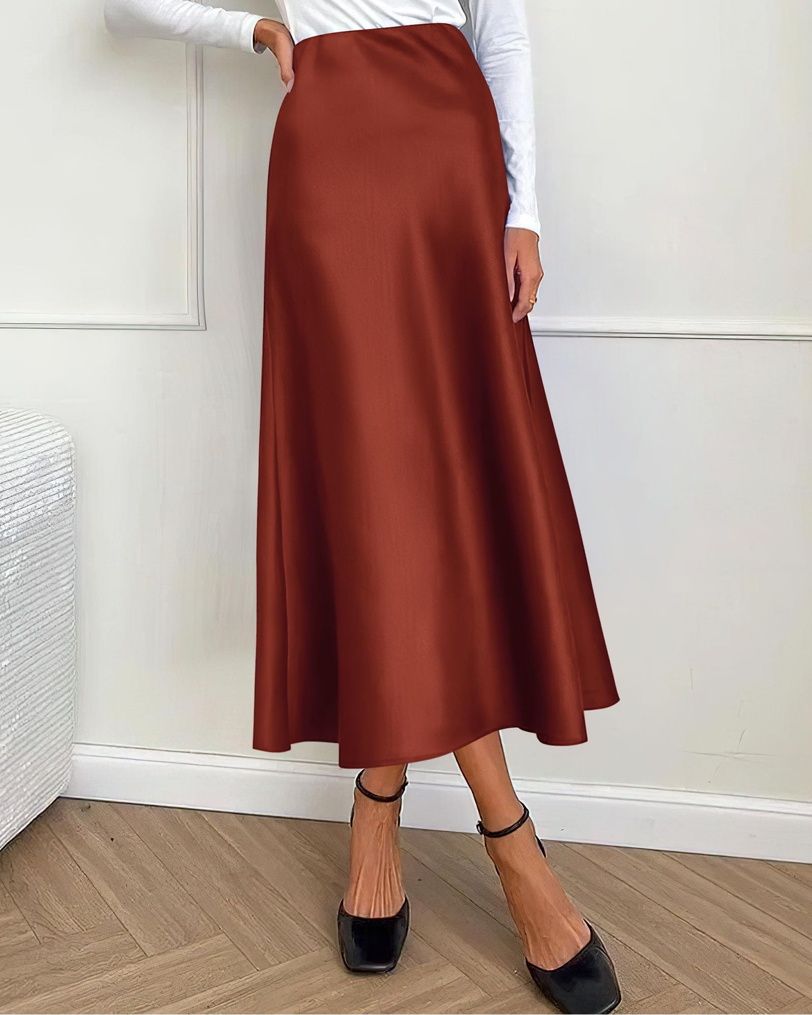 BTFBM Summer Womens Skirts Silk Elegant High Waist Flowy Long Satin A-Line Midi Skirt Cocktail Wedding Party