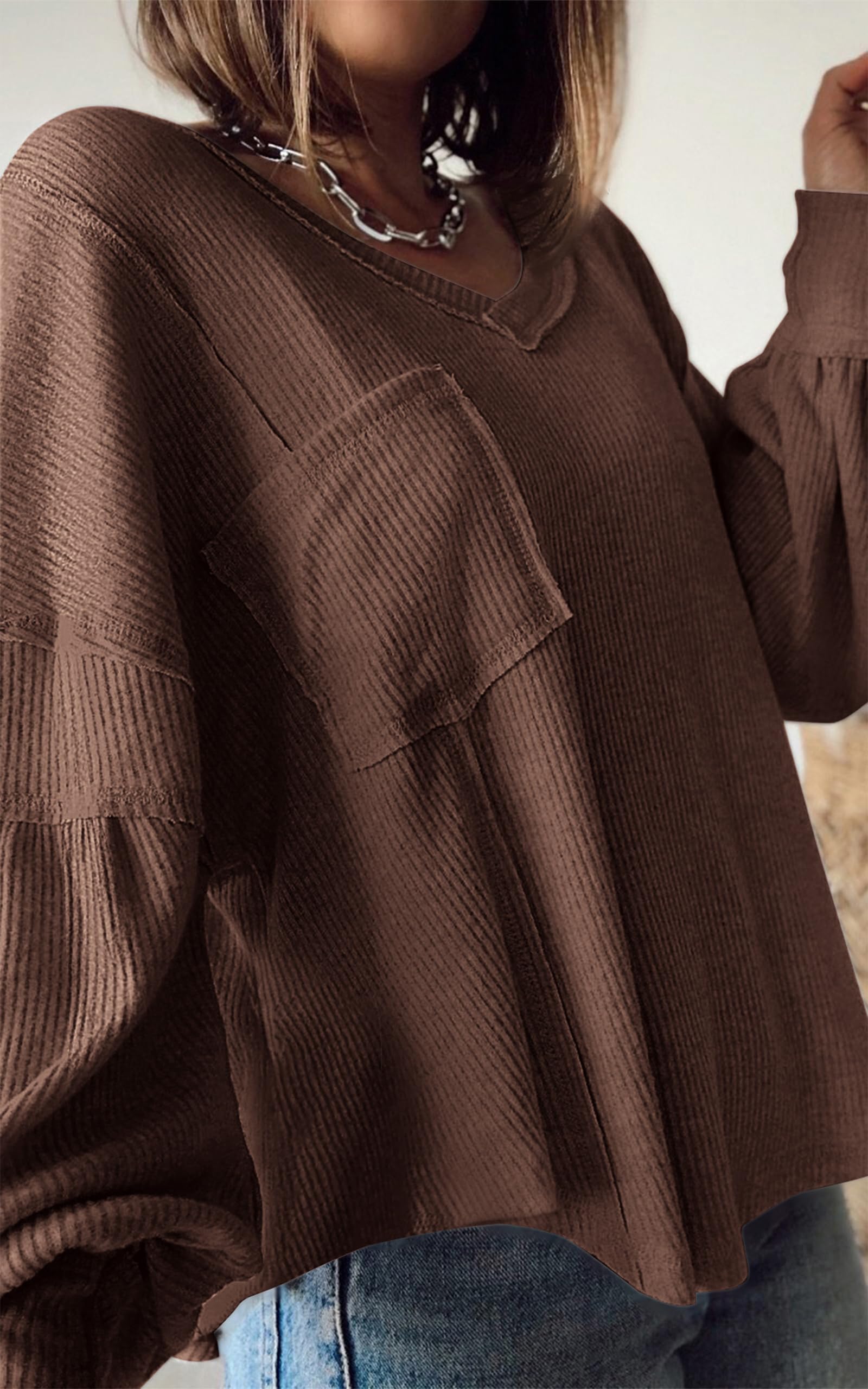 BTFBM Womens Fall Fashion Long Sleeve Shirts Casual V Neck Ribbed Knit Blouses Pullover Trendy Loose Fit Tunic Tops