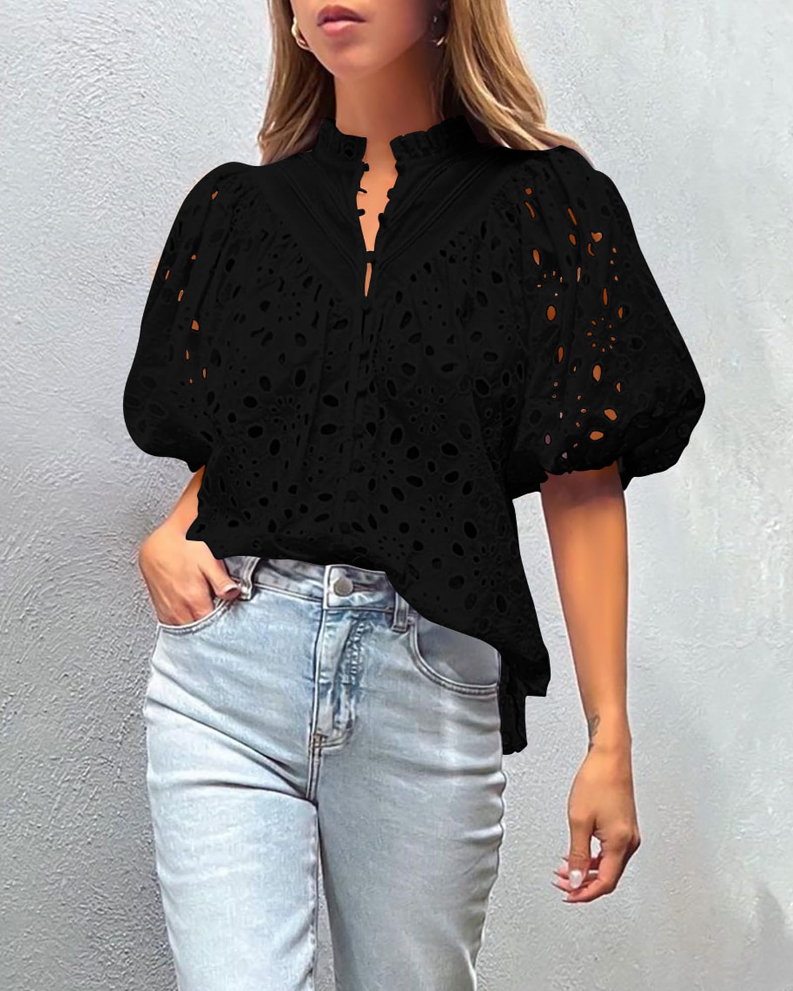 PRETTYGARDEN Women's Summer Tops Dressy Casual Short Sleeve V Neck Buttons Hollow Out Lace Embroidered Blouses Shirts