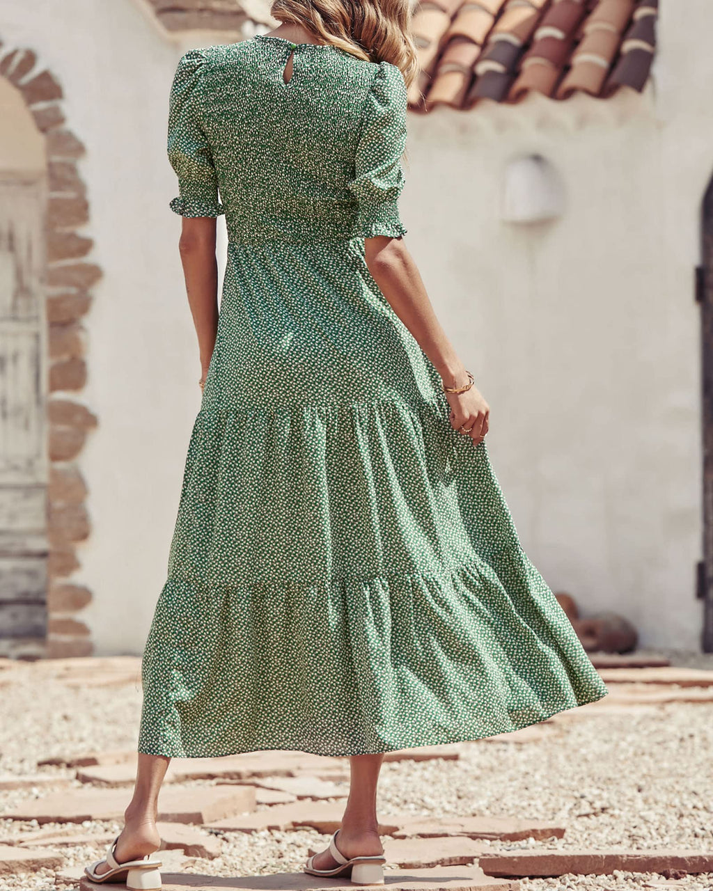 FreshPretty Women Casual Summer Dresses Spring Crew Neck Ruffle Short Sleeve Floral Print Smocked Boho Flowy Maxi Dress