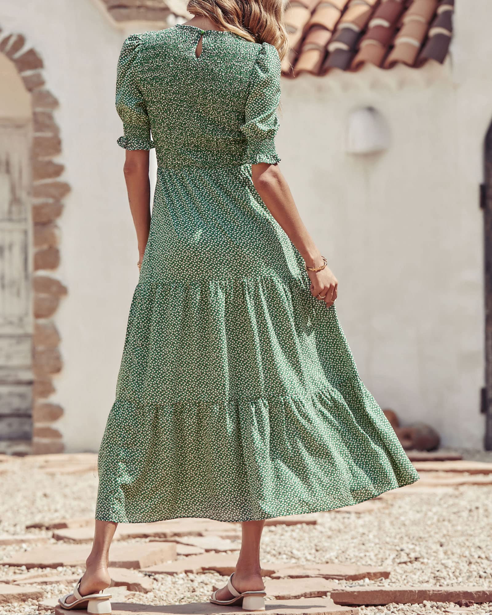 FreshPretty Women Casual Summer Dresses Spring Crew Neck Ruffle Short Sleeve Floral Print Smocked Boho Flowy Maxi Dress