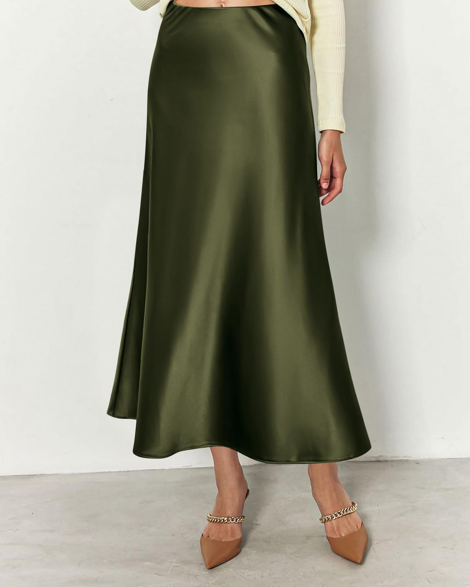 BTFBM Summer Womens Skirts Silk Elegant High Waist Flowy Long Satin A-Line Midi Skirt Cocktail Wedding Party