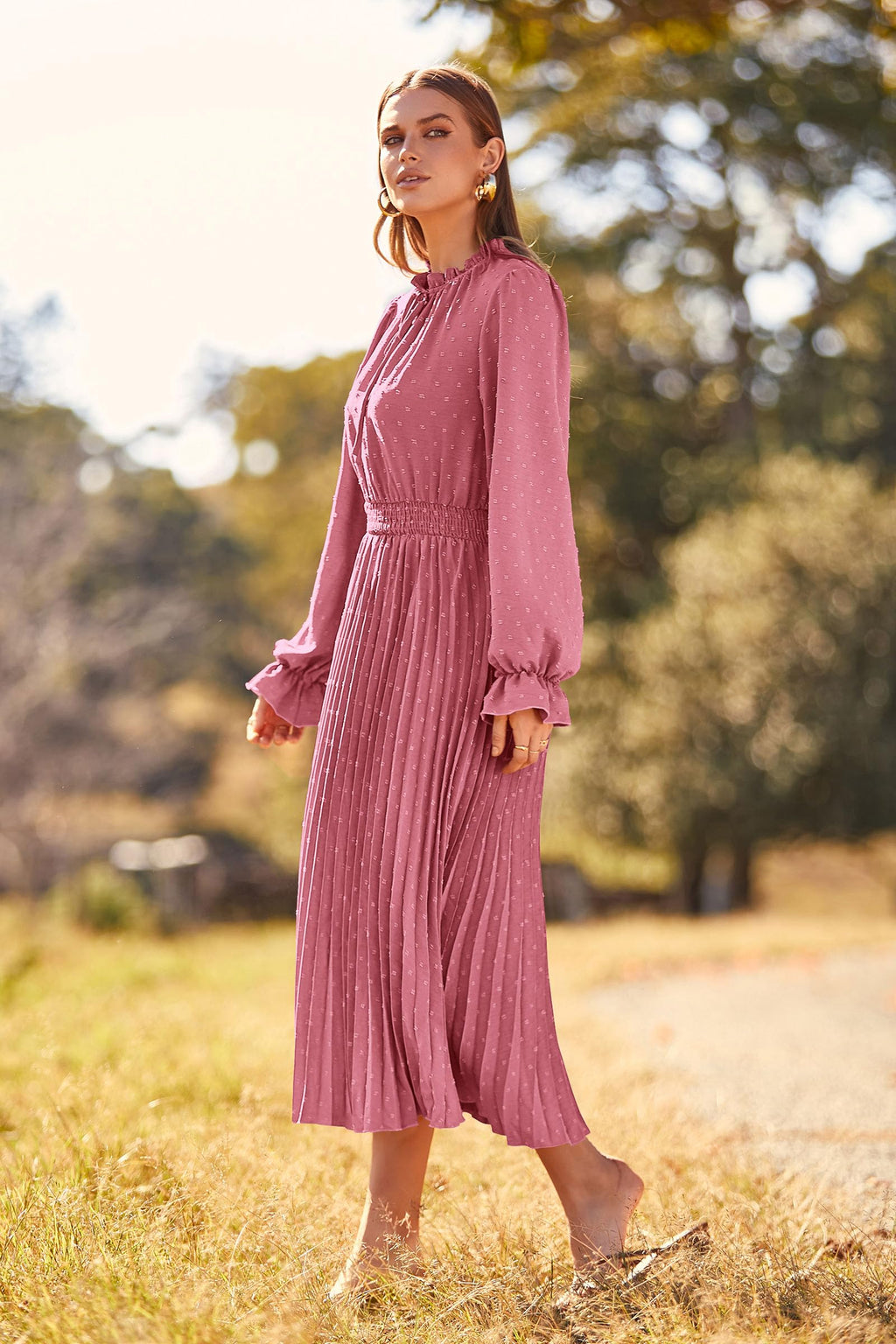 PRETTYGARDEN Women's Spring Fall Midi Dress Casual Long Sleeve V Neck Swiss Dot Pleated A Line Flowy Dresses